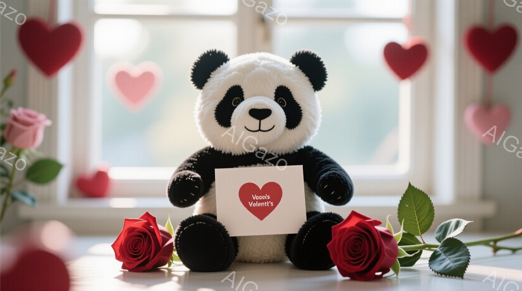 白と黒のパンダのぬいぐるみは、赤いハートのメッセージカードを抱えています。その周りには赤いバラがいくつか置かれ、背景には窓とハート型の装飾が見えます。全体的に、愛情とロマンスを感じさせる、温かく優しい雰囲気です。