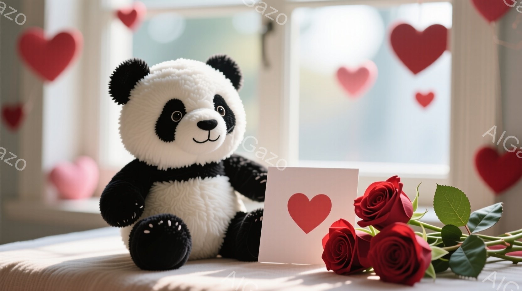 白と黒のパンダのぬいぐるみは、白いシーツの上に座っており、愛らしい表情をしています。その隣には白いカードが置かれ、赤いハートが描かれています。背景には、窓から差し込む光の中で、赤いハート型の装飾が散りばめられており、赤いバラの花束が寄り添っています。