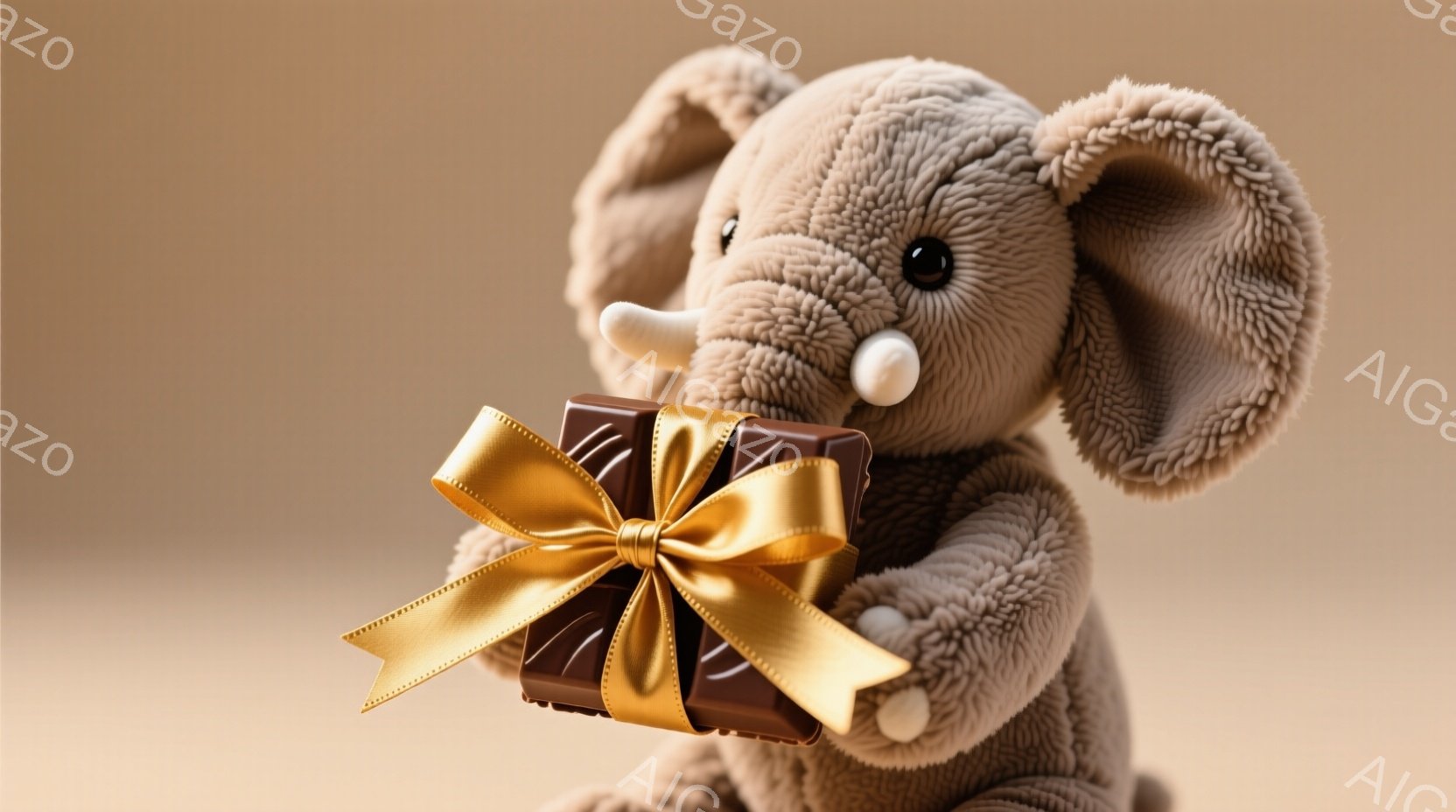 柔らかい茶色の毛並みを持つ、愛らしい子象のぬいぐるみです。大きな耳と白い牙が特徴的で、両手でチョコレートのプレゼントを抱えています。背景はぼかした茶色で、全体的に温かく優しい雰囲気が漂っています。