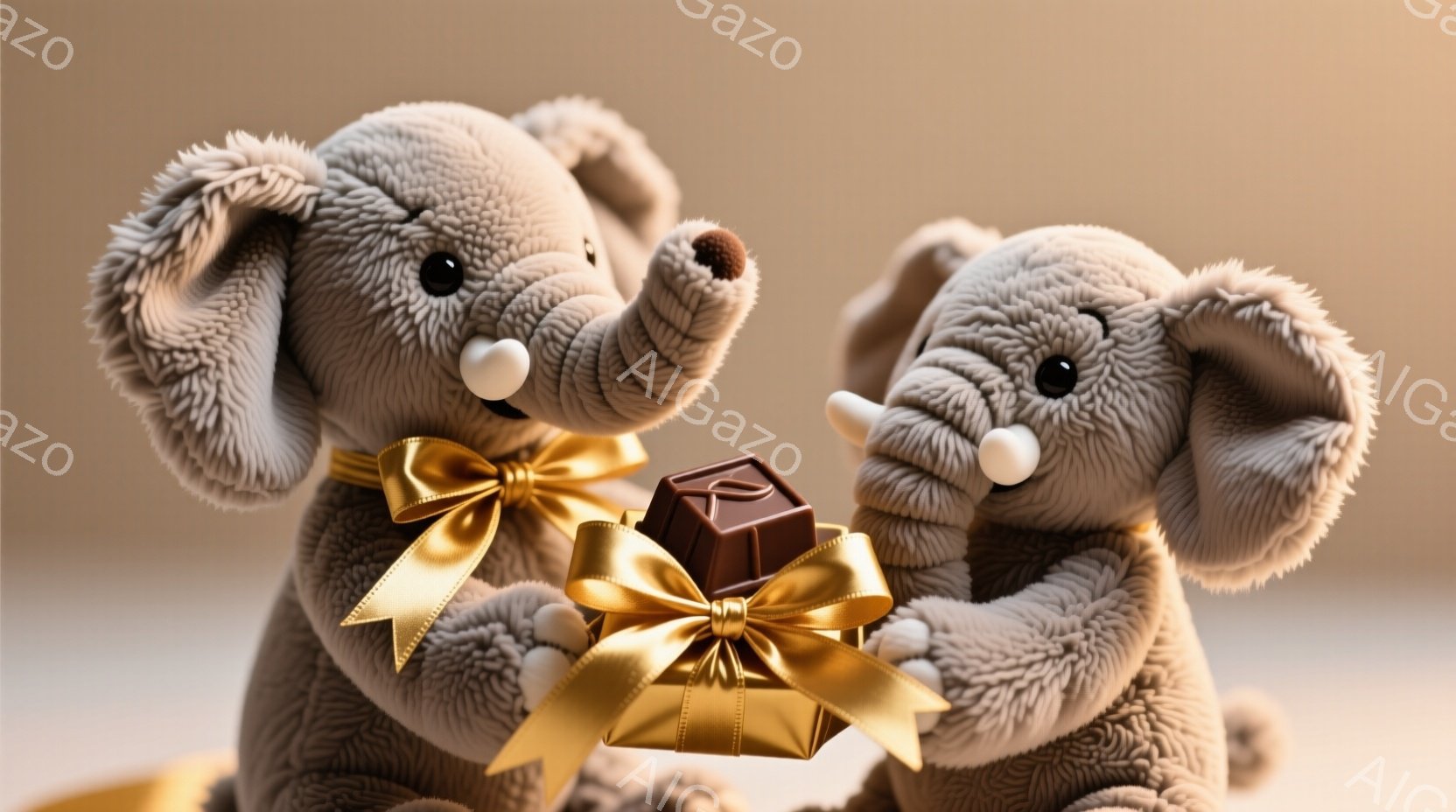 ふわふわした灰色のゾウのぬいぐるみ２匹が、金色のリボンで飾られた茶色のチョコレートのプレゼントを互いに向かって持っています。彼らは幸せそうな表情で、片方のゾウは口を少し開けて微笑んでいるように見えます。背景はぼやけた金色で、全体的に暖かく、お祝いのような雰囲気です。