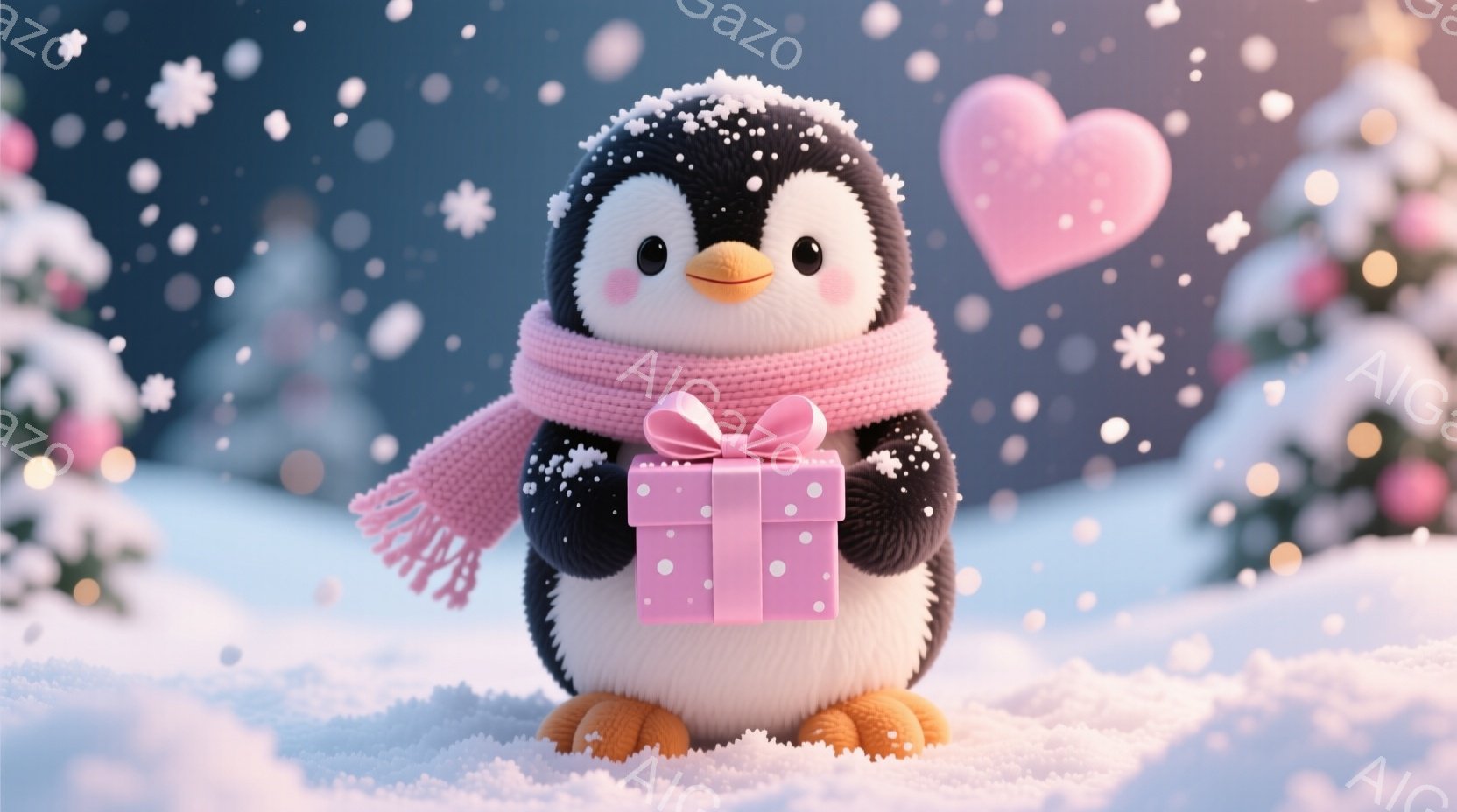 ふわふわの白いペンギンが雪の上に立っており、ピンク色のマフラーを巻いています。ペンギンは両手でピンク色のリボンが付いたプレゼントボックスを持っており、嬉しそうな表情をしています。背景には雪が降り積もり - AI生成フリー素材
