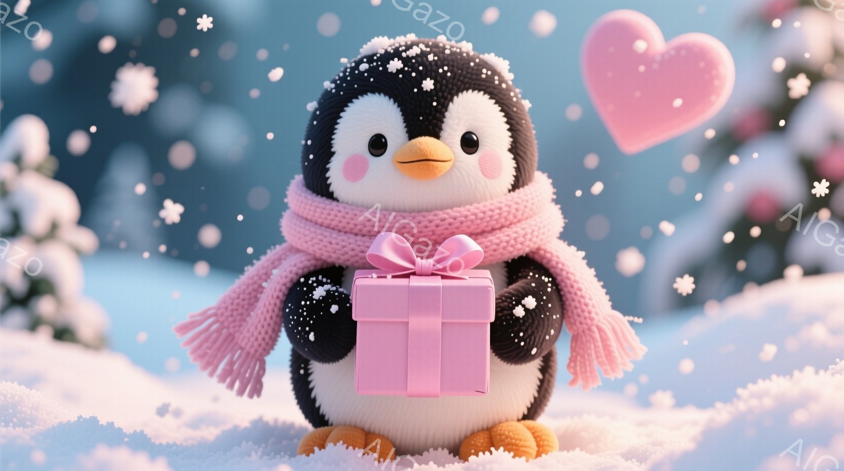 かわいいペンギンの子が雪景色の中でプレゼントを抱えています。ピンク色のマフラーを首に巻き、つぶらな瞳とほのかな笑顔が印象的です。背景には雪に覆われた木々と、舞い散る雪が描かれ、温かく優しい雰囲気を醸し - AI生成フリー素材