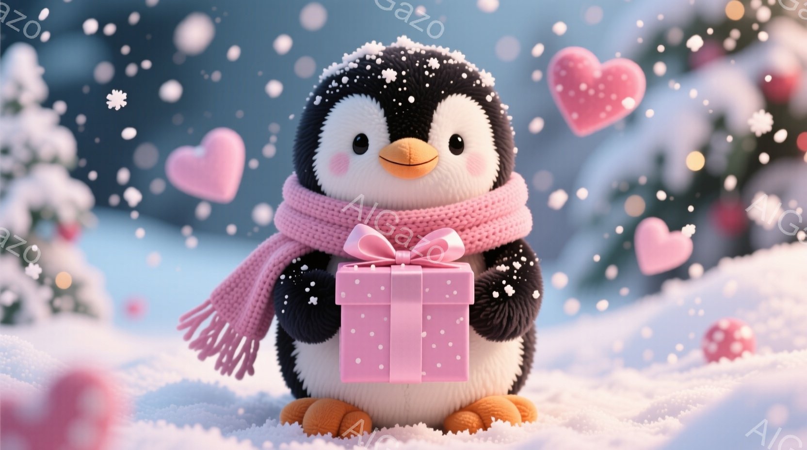 雪景色の中で、可愛らしいペンギンがピンク色のマフラーを巻き、両手でピンクのリボンで結ばれたプレゼントの箱を抱えています。ペンギンは丸い体型で、オレンジ色の足とくちばしを持ち、優しい笑顔を浮かべています - AI生成フリー素材