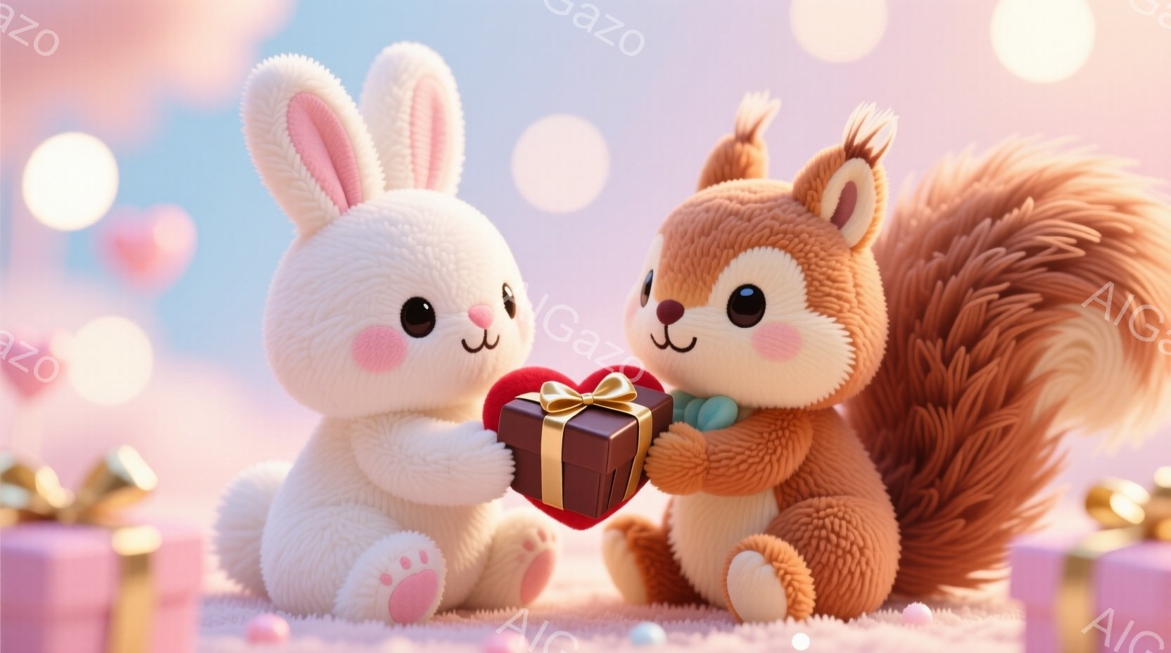 ふわふわの白いウサギと茶色のリスが、お互いにプレゼントを差し出しています。ウサギはピンク色の足裏が可愛らしく、リスはふさふさとした大きな尻尾が特徴です。背景にはパステルカラーのハートやプレゼントの箱が散りばめられており、全体的に温かく優しい雰囲気です。