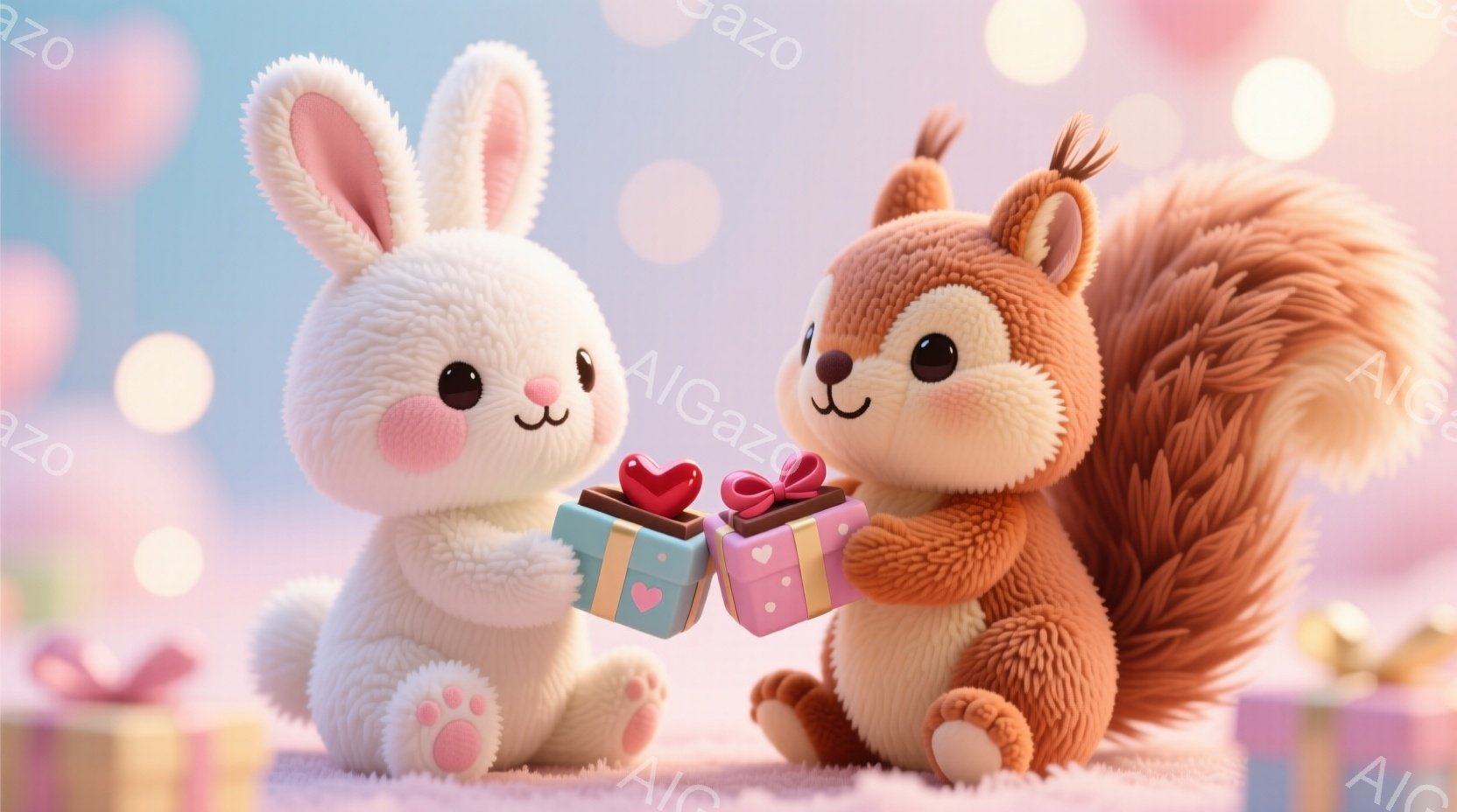 ふわふわの白いウサギと茶色のリスが、それぞれプレゼントを交換しようとしています。ウサギはピンク色の頬を持って微笑んでおり、リスも楽しそうな表情でプレゼントを受け取ろうとしています。背景にはぼやけたピン - AI生成フリー素材