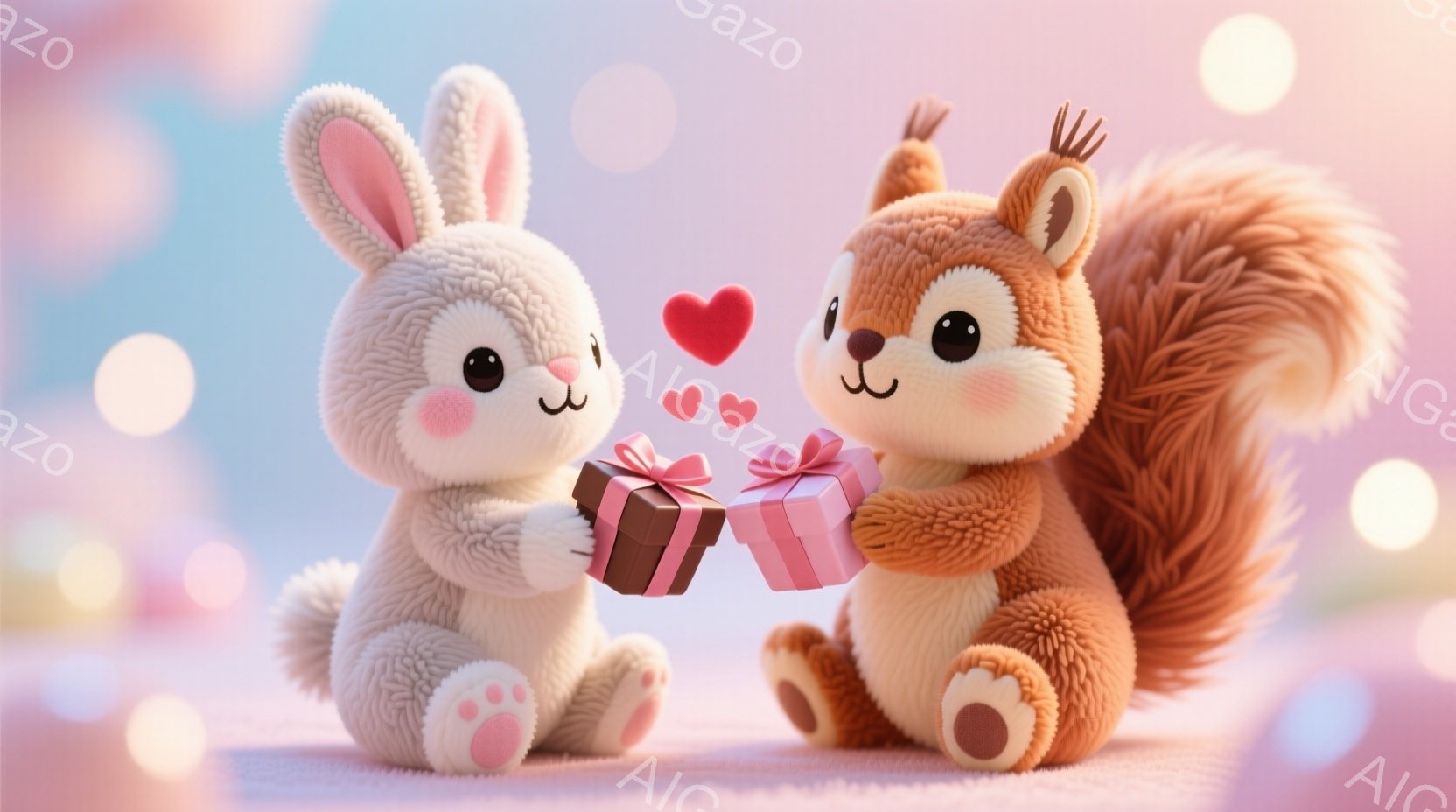 ふわふわの白いウサギと茶色のリスが、プレゼントを交換し合っています。二匹とも大きな瞳で微笑んでおり、とても可愛らしい表情をしています。背景はぼやけたパステルカラーで、ハートが舞っており、全体的に暖かく - AI生成フリー素材