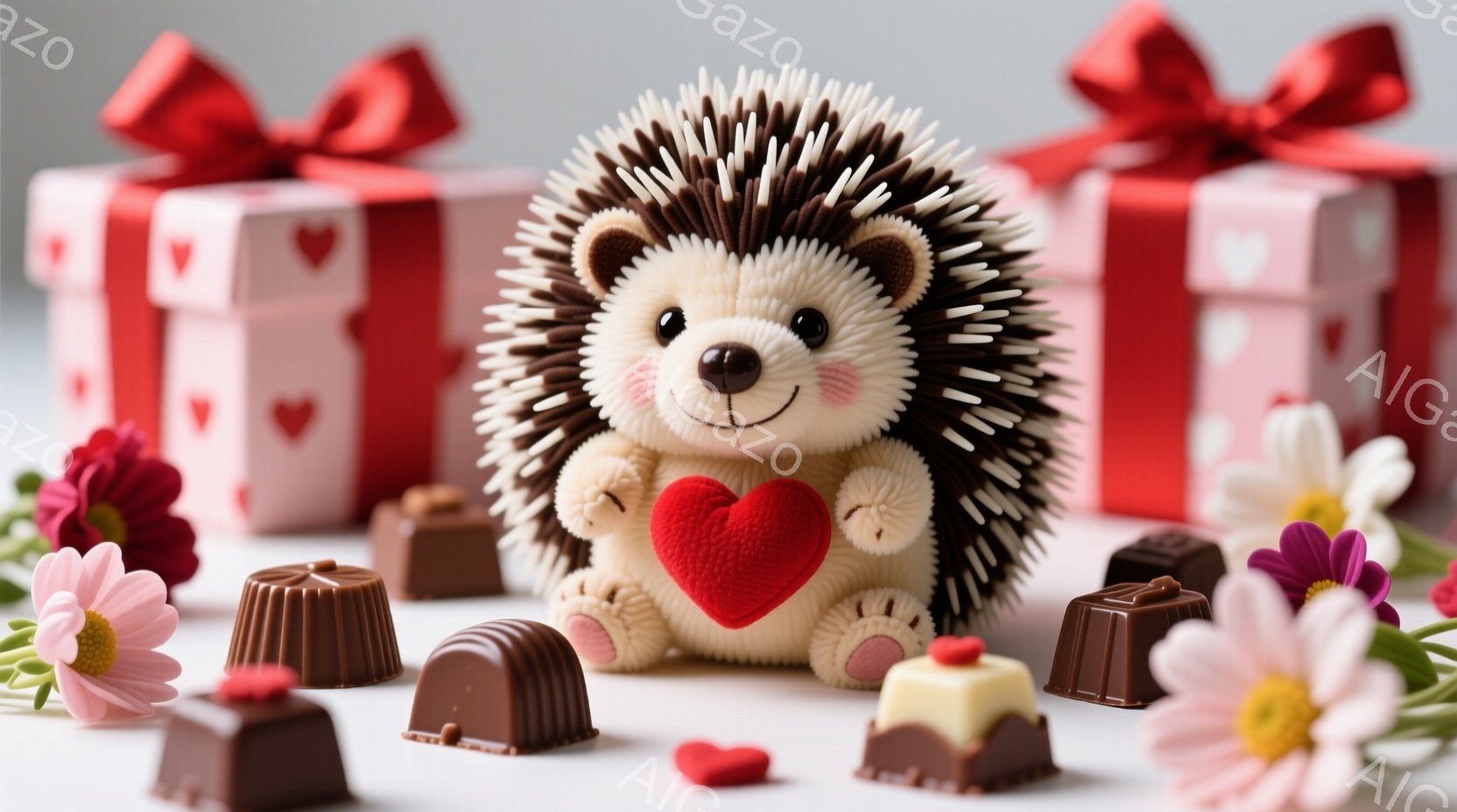 ふわふわの茶色のハリネズミのぬいぐるみは、赤いハート型のクッションを抱きかかえ、優しい表情をしています。周囲にはチョコレートや可愛らしい花々が散りばめられ、背景にはハートが描かれた赤いギフトボックスが並んでいます。全体的に温かく、愛情に満ちた、バレンタインデーのような雰囲気が漂っています。