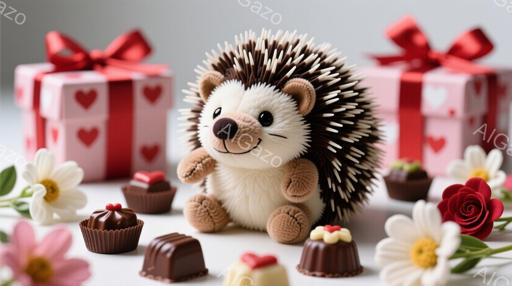 白い背景に、ふわふわの茶色いハリネズミのぬいぐるみとチョコレート、花、ギフトボックスが配置されています。ハリネズミは前足を組み、優しい笑顔でカメラを見つめており、可愛らしい雰囲気を醸し出しています。チョコレートやピンクと白の花、赤いリボンで飾られたギフトボックスが、愛情と祝福の気持ちを表現しています。