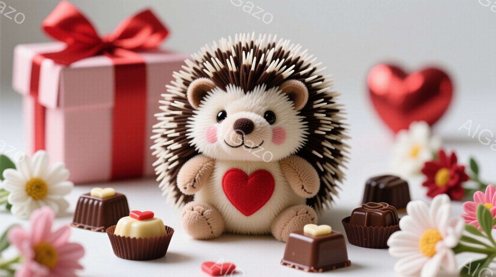 柔らかい茶色のハリネズミのぬいぐるみは、赤いハート型のチャームを胸に抱き、微笑んでいます。背景には赤いリボンで飾られたギフトボックスや、さまざまなチョコレート、そして白いデイジーやピンク色の花が散りば - AI生成フリー素材