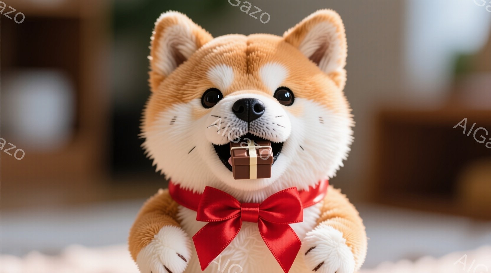 柴犬のぬいぐるみが、赤いリボンを首に巻いて正面を見つめています。口には小さな茶色のプレゼントの箱をくわえ、嬉しそうな表情をしています。背景はぼやけていますが、室内であることがわかります。