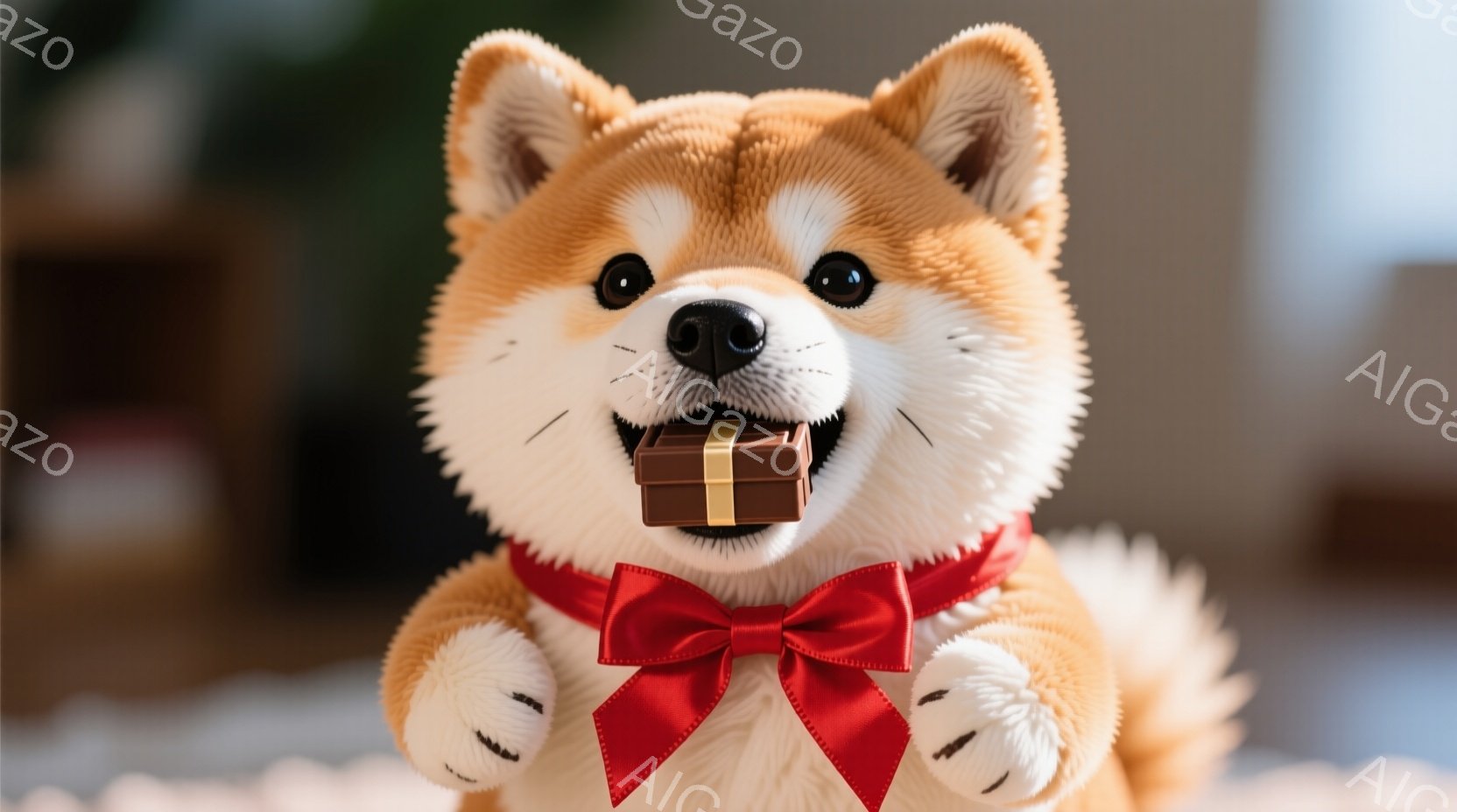 柴犬が正面を見据え、赤いリボンを首に巻いています。口には小さな茶色の箱（おそらくチョコレート）をしっかりと咥え、嬉しそうな笑顔を浮かべています。背景はぼやけていますが、室内の一部が見え、暖かく親しみやすい雰囲気が漂っています。