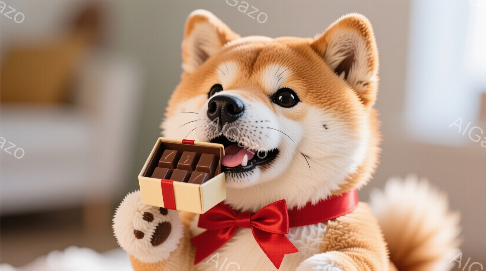 柴犬が箱に入ったチョコレートを持っており、嬉しそうに口を開けています。赤いリボンが首に巻かれ、まるでプレゼントを受け取ったかのような可愛らしい姿です。背景はぼやけていますが、暖かく、幸福感に満ちた雰囲気です。