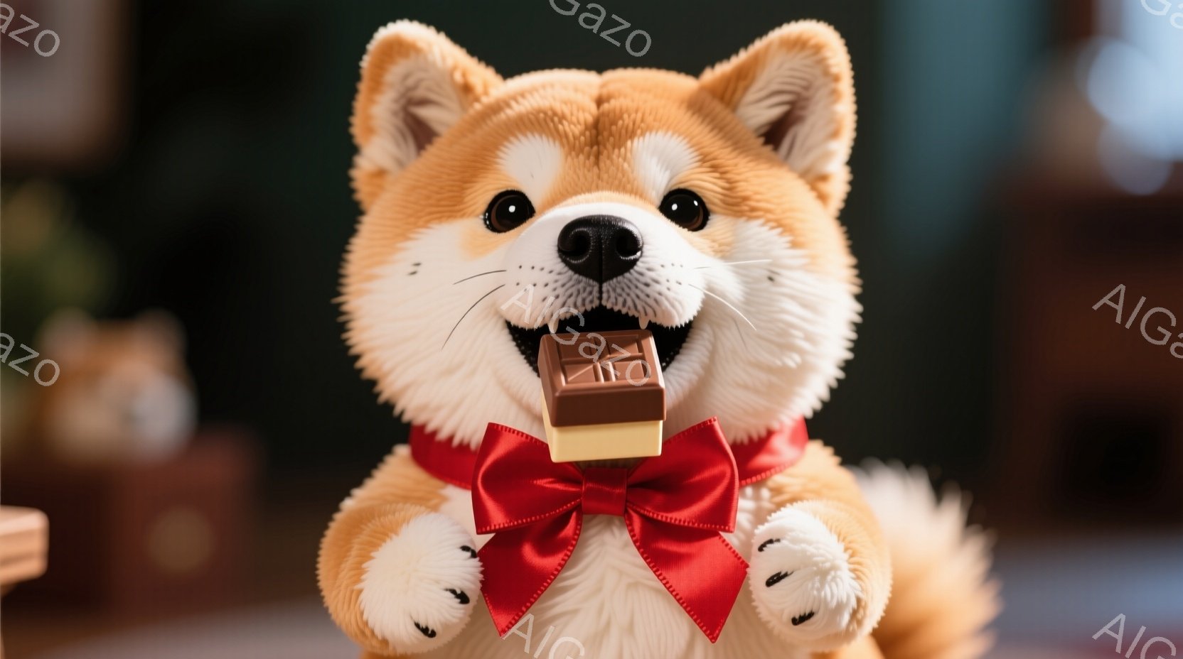 柴犬が赤いリボンを首に巻き、口にチョコレートをくわえています。前足で何かをつかんでいるような姿勢で、嬉しそうな表情をしています。背景はぼやけており、室内であることだけが分かります。