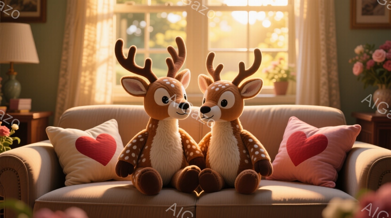 柔らかいクリーム色のソファに、2匹の愛らしい鹿のぬいぐるみたちが寄り添って座っています。赤いハートがデザインされたピンク色のクッションが彼らの背もたれになっています。背景には窓から差し込む暖かな光があり、テーブルの上には花が飾られ、居心地の良い暖炉と絵画が配置された、静かで穏やかなリビングルームの雰囲気が漂っています。