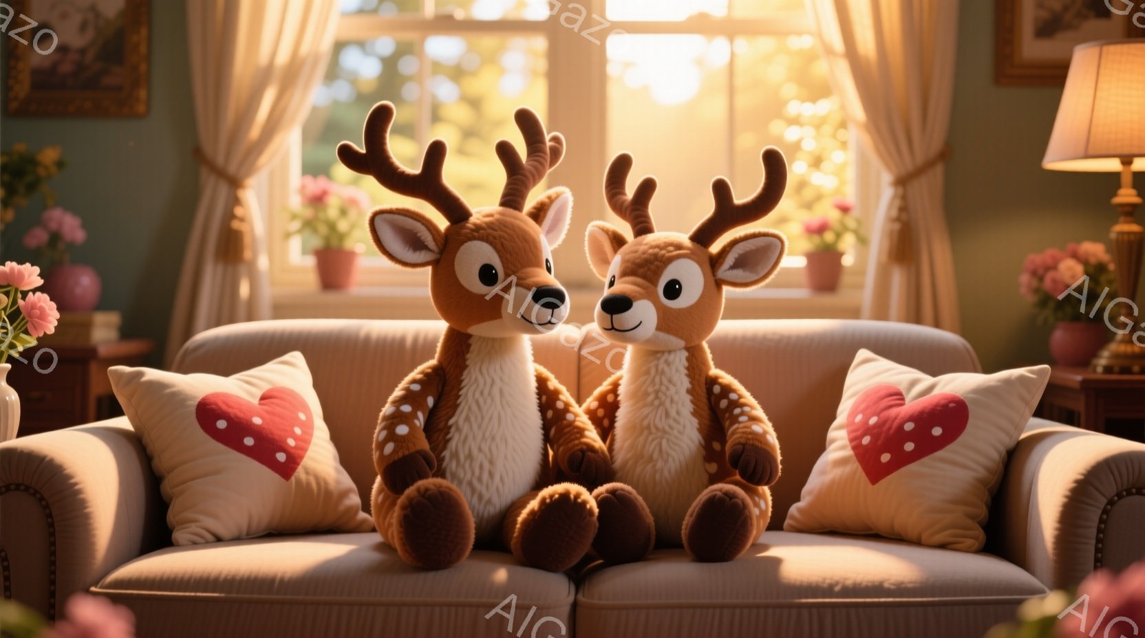 暖炉のある居間に、2匹の愛らしい子鹿のぬいぐるみがお座りになっています。ピンクのハート模様が施された枕に寄りかかり、穏やかな表情を浮かべています。背景には窓から差し込む光が暖かく、春らしい花々が飾られた静かで心地よい空間が広がっています。