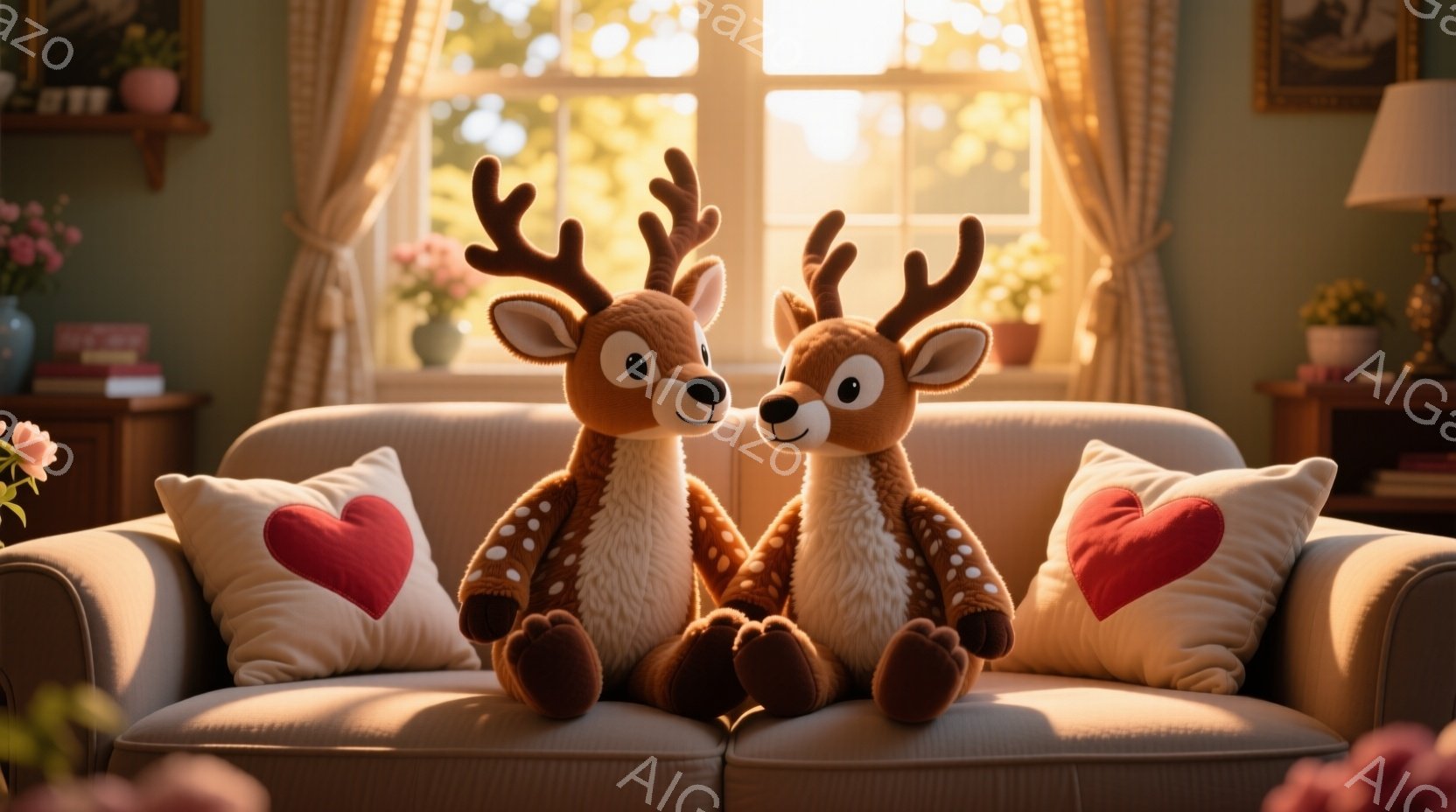 ソファに2匹の愛らしい鹿のぬいぐるみ、お互いに寄り添って座っています。彼らは茶色の毛並みで、白い斑点模様があり、赤いハートが飾られた白い枕が背もたれにあります。背景には、窓から差し込む柔らかな光が暖かく、植物や家具のある居心地の良い部屋が広がっています。