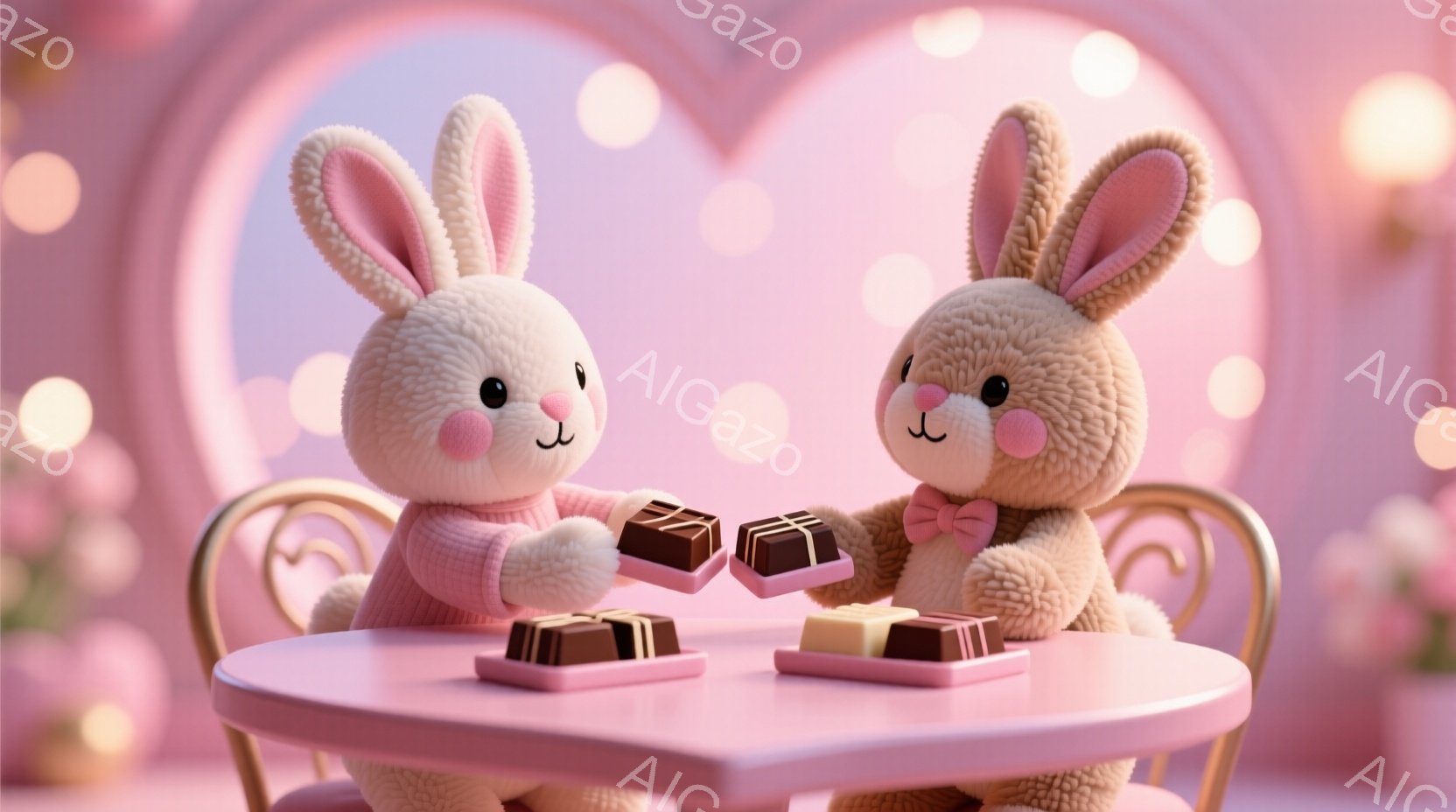 ふわふわの毛並みを持つウサギのキャラクターが2匹、ピンク色のテーブルを挟んで向かい合っています。それぞれピンク色のセーターを着ており、片方のウサギはリボンをつけています。テーブルの上にはチョコレートが並び、優しい雰囲気の中でプレゼントを交換しようとしている様子が描かれています。
