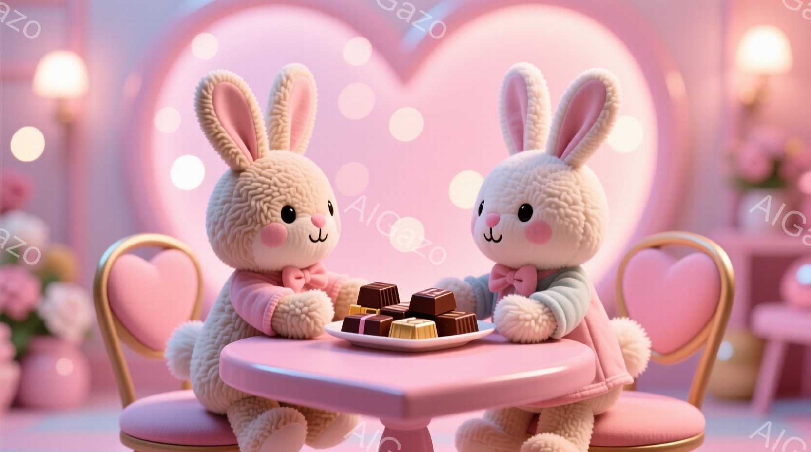 ふわふわの毛並みのウサギのキャラクターが2匹、ピンク色のテーブルを挟んで向かい合って座っています。ピンク色のセーターと蝶ネクタイを身に着け、頬はほんのり赤く、可愛らしい表情をしています。背景はパステル - AI生成フリー素材