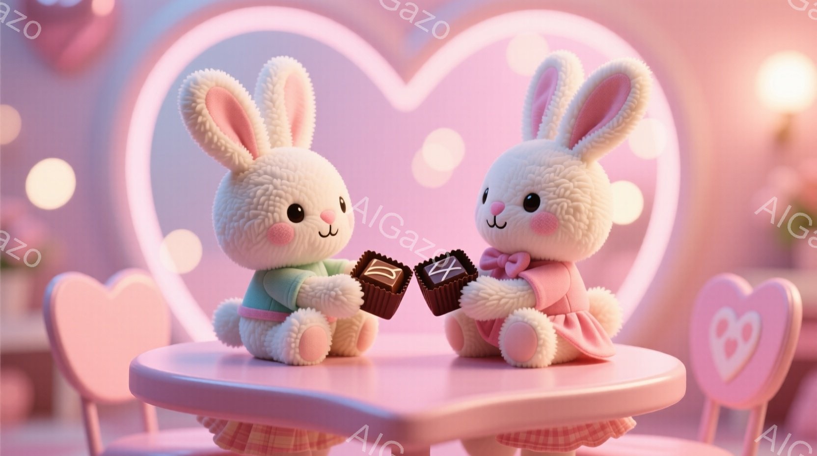ふわふわの白いウサギのぬいぐるみが2匹、ピンク色のハート型のテーブルを挟んで向かい合っています。片方のウサギは緑色の服、もう片方のウサギはピンク色の服を着ており、それぞれチョコレートを手に持っています - AI生成フリー素材