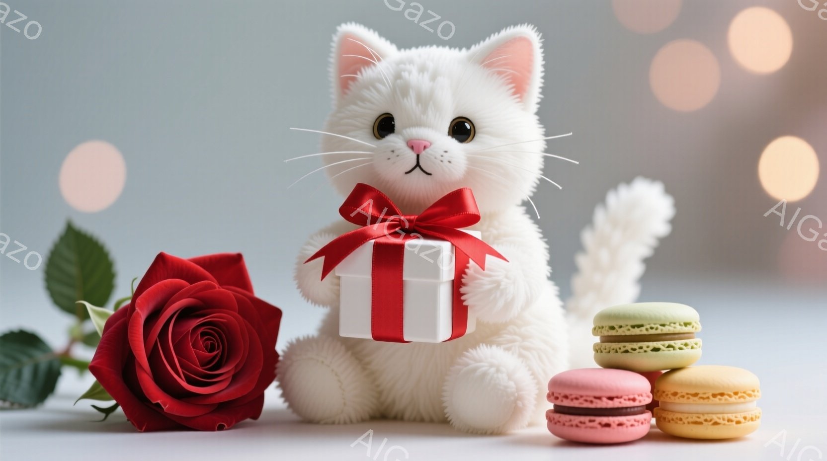 白い毛並みのふわふわした猫のぬいぐるみは、赤いリボンで結ばれた白いギフトボックスを抱えています。 鮮やかな赤いバラと、パステルカラーのマカロンが、猫の周りに配置されており、優しく甘い雰囲気を醸し出しています。 背景はぼやけた光のグラデーションで、柔らかく夢のような印象を与えます。