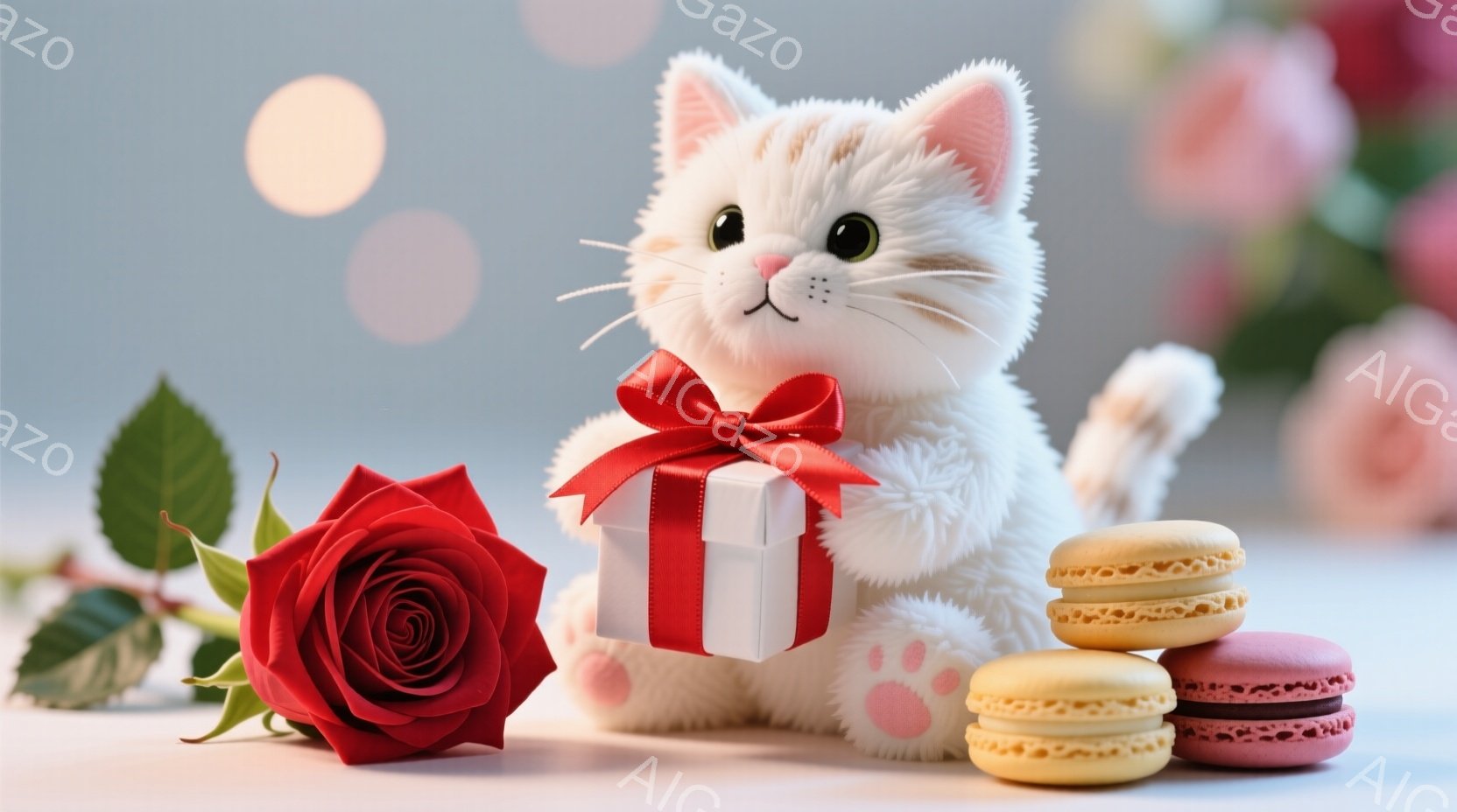 白いふわふわの猫のぬいぐるみは、赤いリボンで結ばれた白いプレゼントボックスを抱えています。背景にはぼやけたピンクの花々と、マカロンの山が置かれ、左側には赤いバラが咲いています。全体的に柔らかく甘い雰囲 - AI生成フリー素材