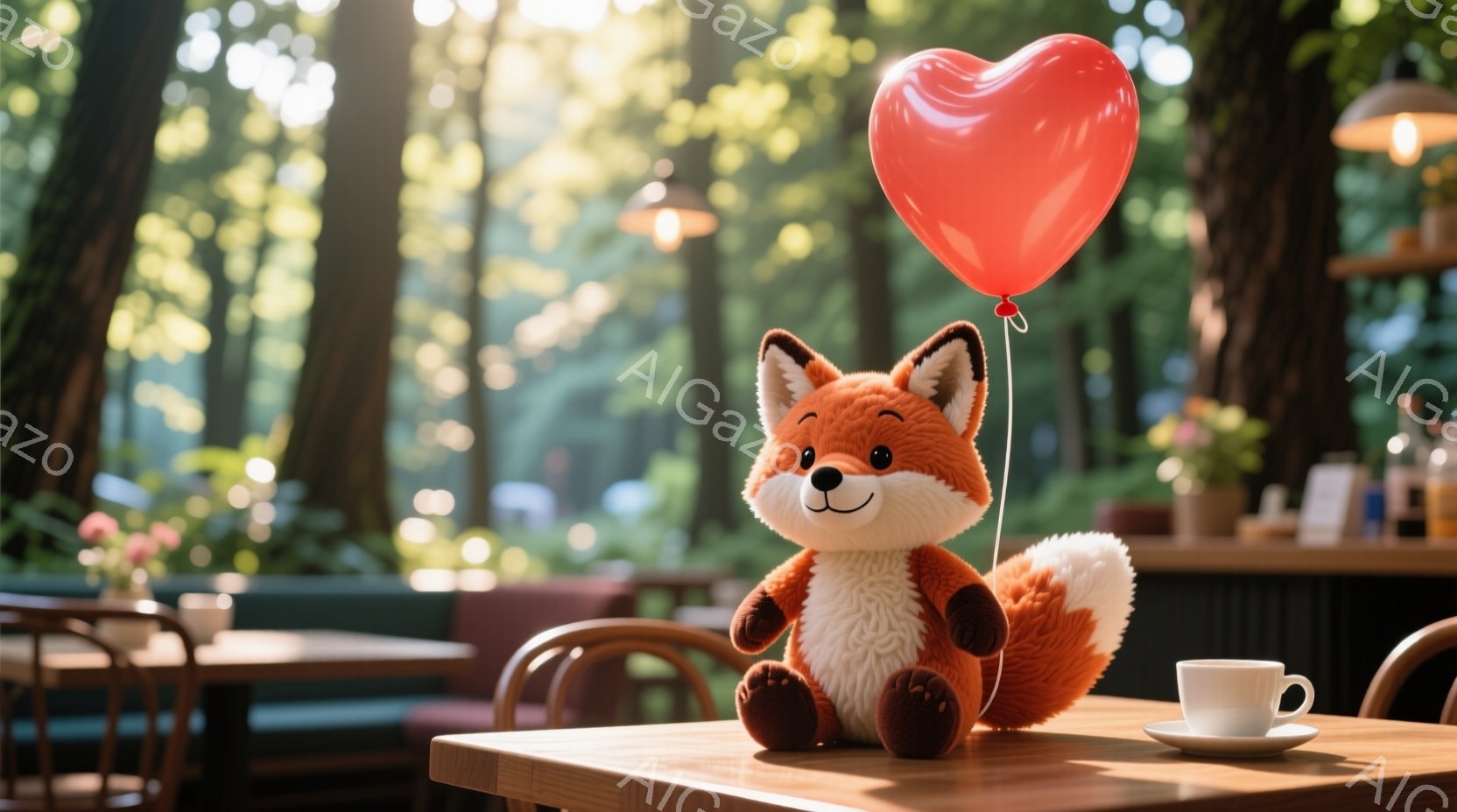 明るい木製のテーブルの上に、愛らしいオレンジ色のキツネのぬいぐるみが座っています。キツネは赤色のハート型の風船を持っており、テーブルの隣には白いカップとソーサーが置かれています。背景は緑豊かな木々が見えるカフェのようで、穏やかで温かい雰囲気です。