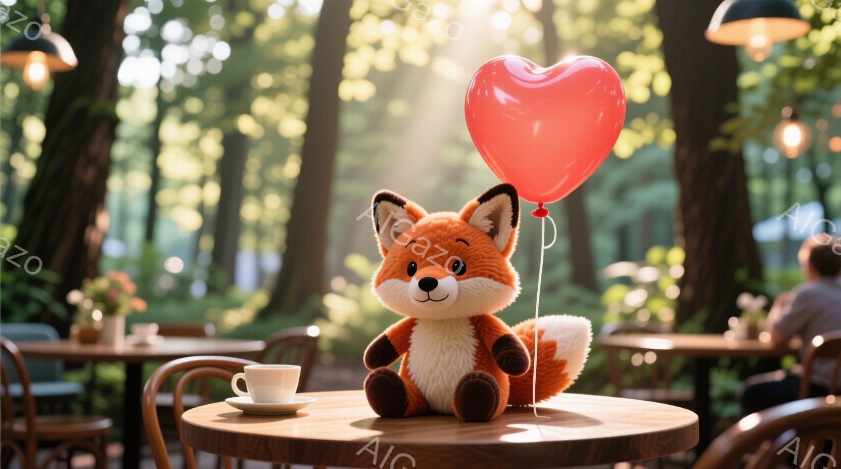 温かい光が差し込む屋外カフェのテーブルに、愛らしいオレンジ色のキツネのぬいぐるみと、赤いハート型の風船が置かれています。背景には緑豊かな木々が立ち並び、ぼやけた人物の姿も見えます。全体的に、安らかで優しい雰囲気が漂っています。