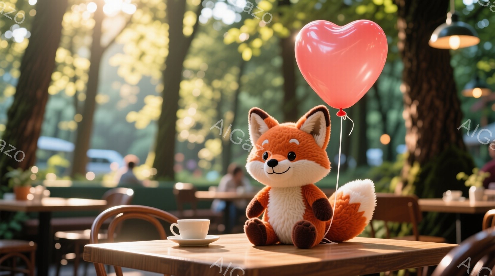 温かい木製のテーブルの上に、ふわふわのオレンジ色のキツネのぬいぐるみと白くて小さなコーヒーカップが置かれています。ぬいぐるみは正面を見つめ、赤いハート型の風船を持っています。背景には、緑豊かな木々、カ - AI生成フリー素材