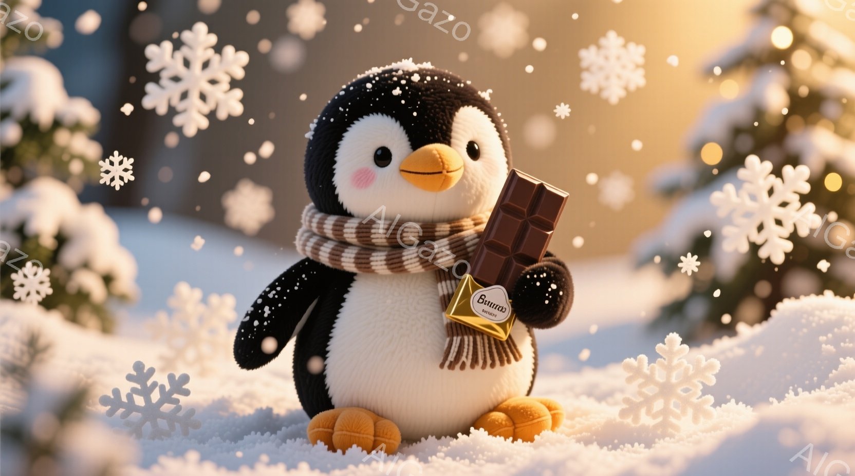 ふわふわのペンギンが雪景色の中でチョコレートを抱えています。ペンギンは茶色と白のストライプのスカーフを巻いており、可愛らしい表情をしています。背景には雪が舞い、ぼやけた緑の木々があり、温かく穏やかな冬 - AI生成フリー素材
