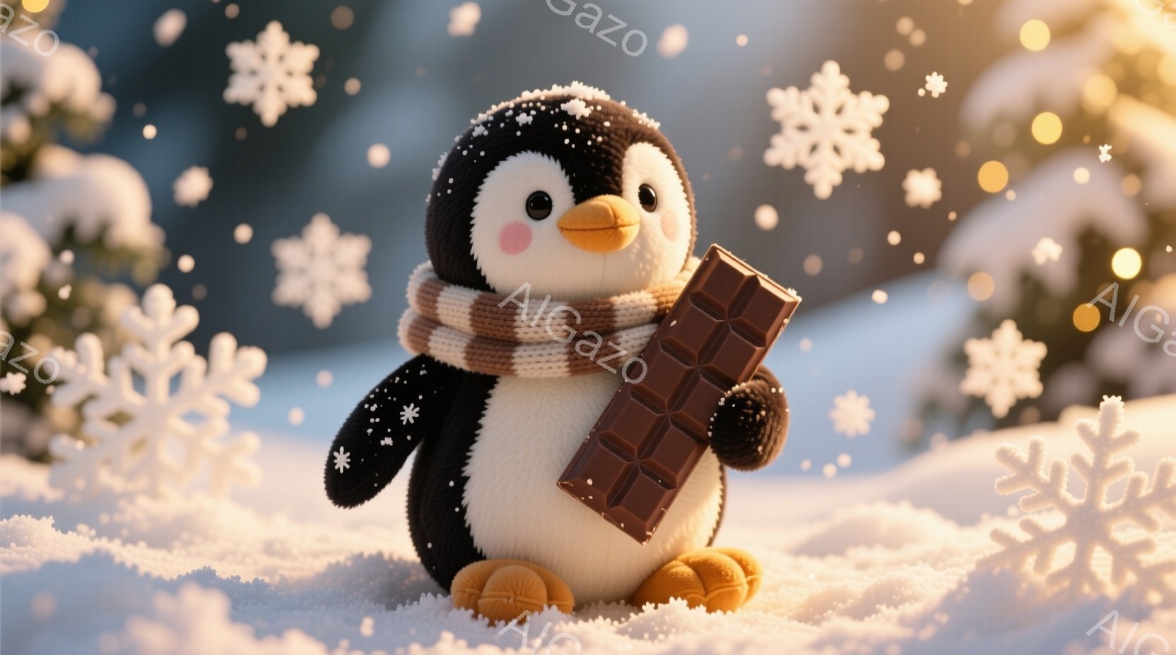 雪景色の中に、ふわふわとしたペンギンのぬいぐるみのようなキャラクターが立っています。茶色の編み物のマフラーを巻いており、片手にチョコレートの板を持っています。背景には雪に覆われた木々があり、雪片が舞い散る冬の暖かい雰囲気を醸し出しています。