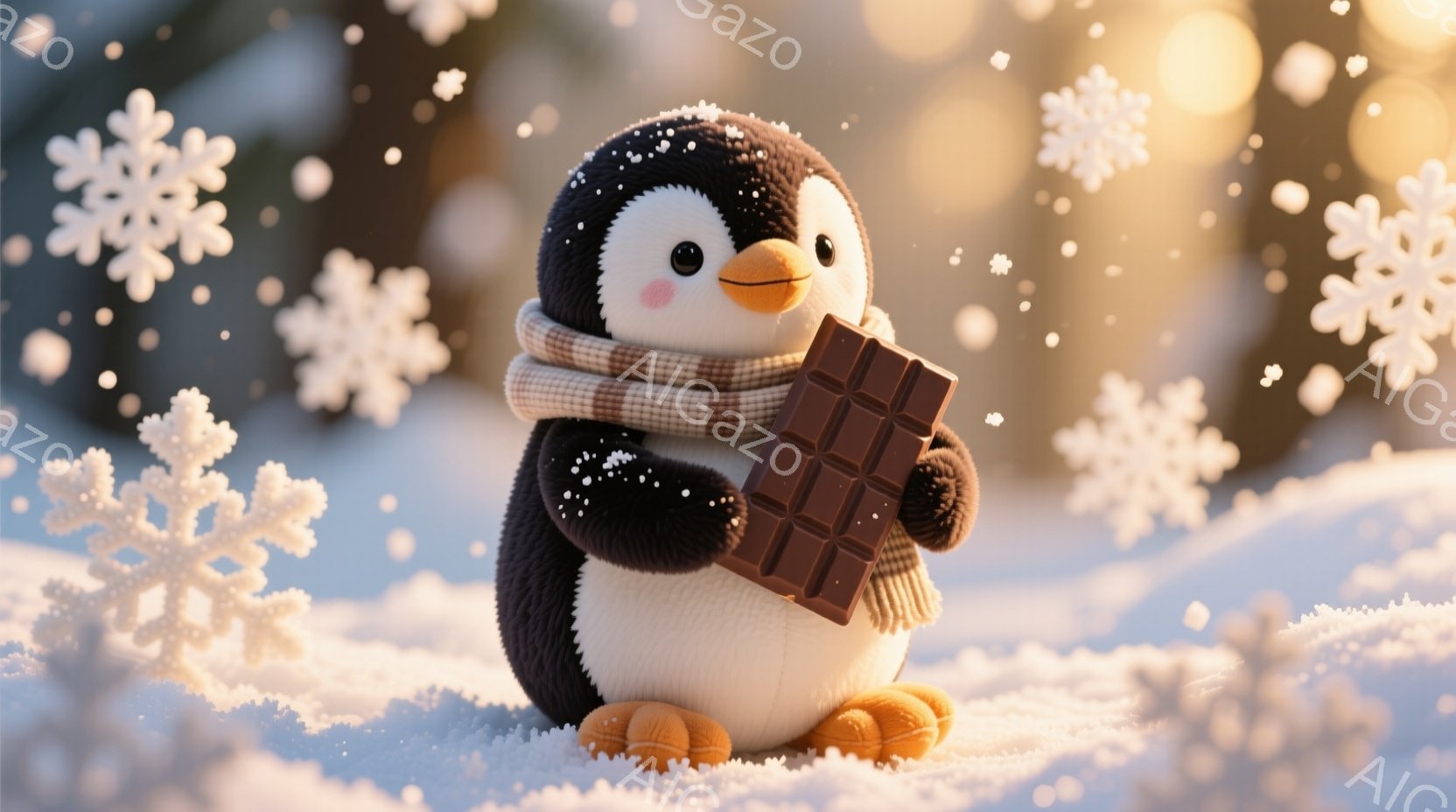 ふわふわのペンギンが雪景色の中で、チョコレートを抱えています。ペンギンは白いマフラーを巻いており、つぶらな瞳とほのかな笑顔が可愛らしいです。背景には雪の結晶が舞い、穏やかで温かい冬の雰囲気が漂っています。