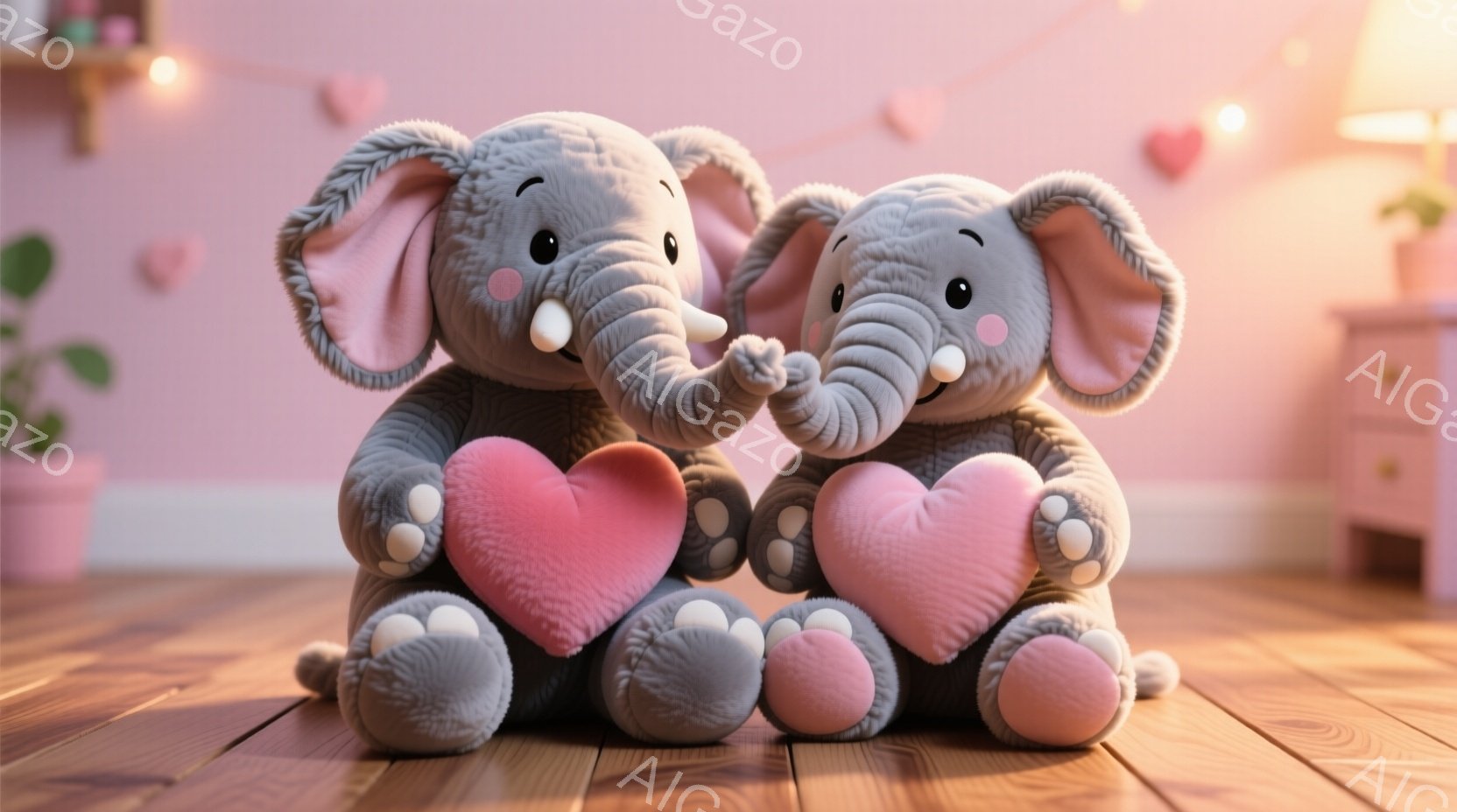 ふわふわの灰色の象のぬいぐるみ2匹が、ピンク色のハート型のクッションを抱きかかえ、鼻と鼻を合わせて寄り添っています。背景には木製の床、淡いピンク色の壁、そしてハート型の飾り付けが見られ、温かくロマンチックな雰囲気を醸し出しています。全体的に柔らかい光が差し込み、可愛らしい空間が表現されています。