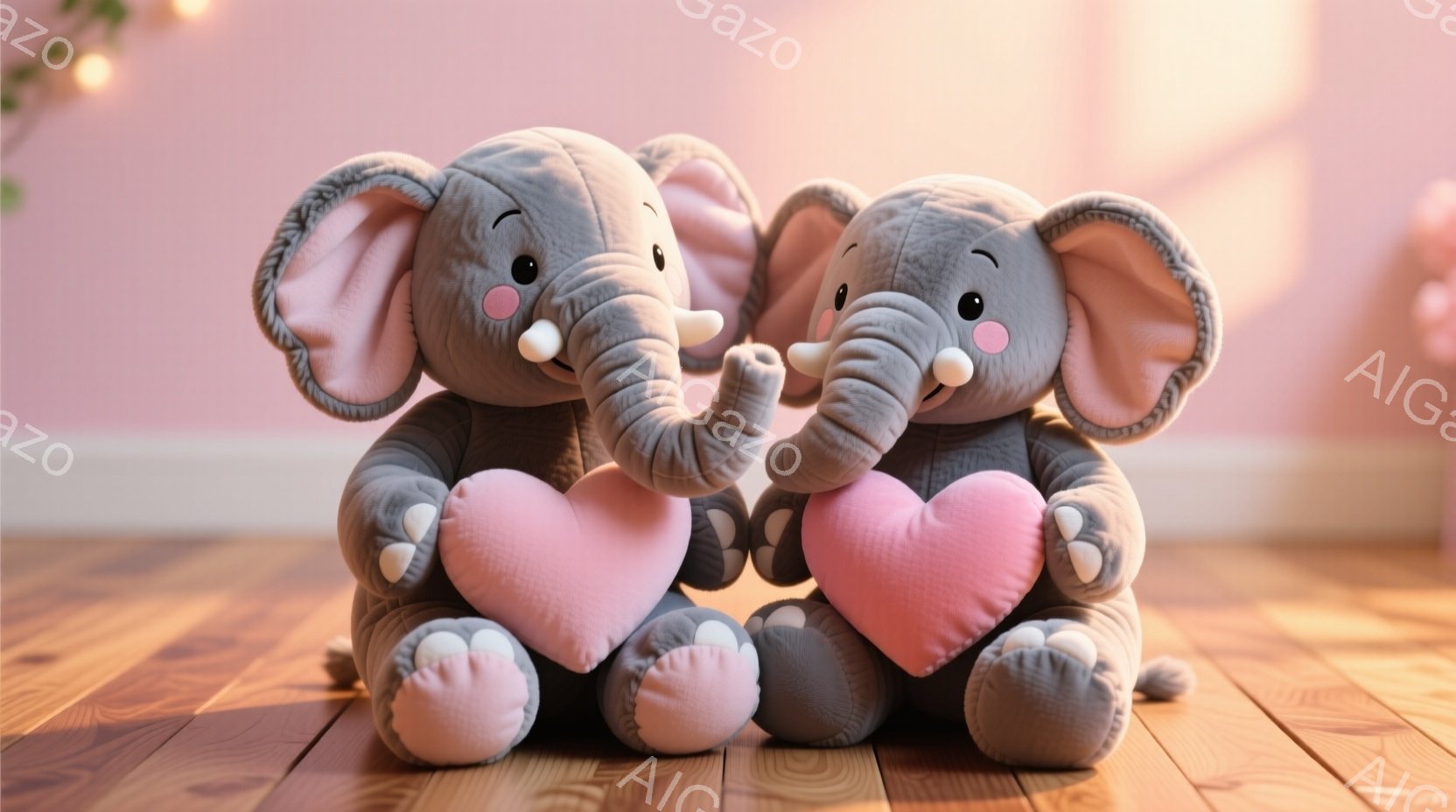 ピンク色のハート型のクッションを抱えた、2匹の灰色の象のぬいぐるみがあります。ぬいぐるみは互いに向き合い、鼻を合わせており、愛らしい表情をしています。背景は木製の床で、ぼやけたピンク色の壁と、上のほう - AI生成フリー素材