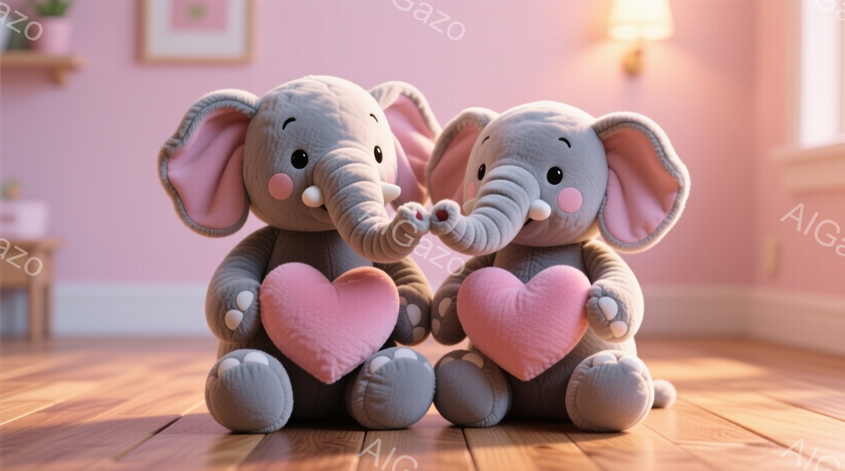 灰色のふわふわした象のぬいぐるみ2匹が、ピンク色のハート型のクッションを抱きかかえ、鼻先を合わせて触れ合っています。背景は木製の床と明るい壁で、心地よく温かい家庭的な雰囲気です。全体的に可愛らしく、優しげな印象を与える画像です。