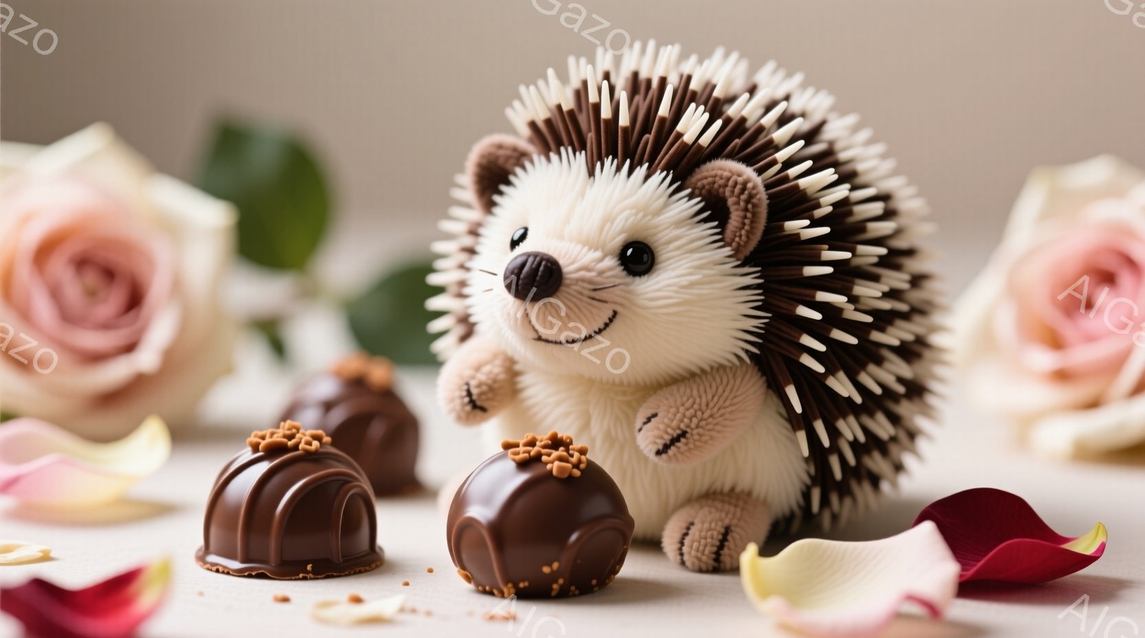 ふわふわの茶色のハリネズミのぬいぐるみは、明るい背景に囲まれて立っています。周囲には茶色いチョコレートのトリュフとバラの花びらが散りばめられており、甘く優しい雰囲気を醸し出しています。ハリネズミは愛らしい表情で、全体的に温かく、夢のようなイメージです。
