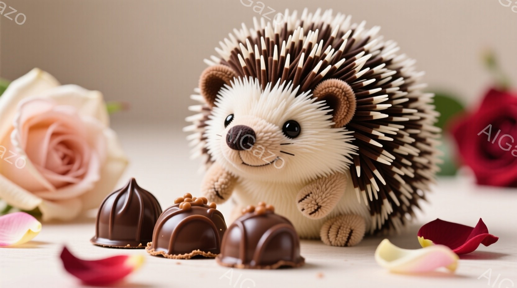 ぬいぐるみのような可愛らしいハリネズミが、チョコレートを囲んで座っています。背景には、ピンクと赤いバラの花びらが散りばめられた木製のテーブルがあり、甘い雰囲気を作り出しています。チョコレートとバラの花びらは、バレンタインや愛情を表現しているようです。