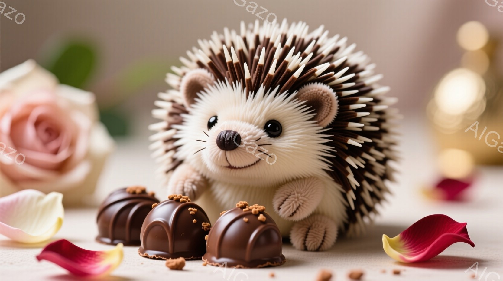 小さなハリネズミが、チョコレートの並んだテーブルの上にちょこんと座っています。その表情は穏やかで微笑んでおり、つぶらな瞳が愛らしい印象を与えます。背景には、淡いピンク色のバラの花びらや、金色の装飾が散りばめられ、甘く優しい雰囲気を醸し出しています。