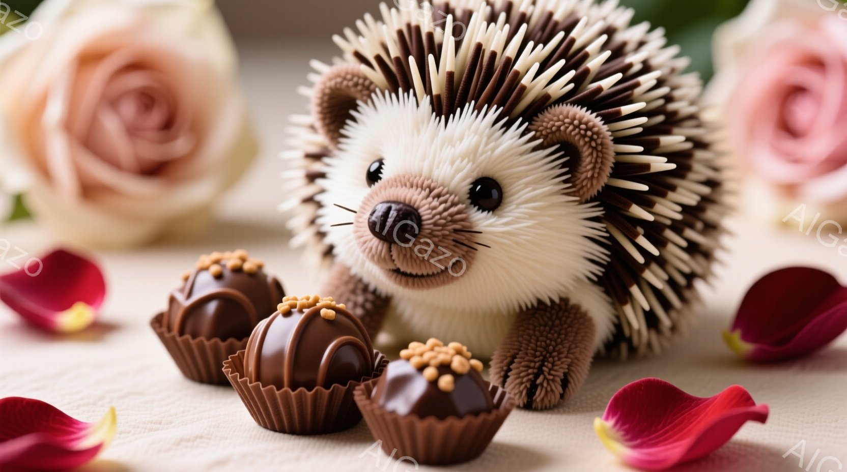 ふわふわの茶色いハリネズミが、チョコレートが入ったカップケーキの周りに座っています。ハリネズミはつぶらな瞳でこちらを見つめ、愛らしい表情をしています。背景にはぼんやりとピンク色のバラの花が咲き、柔らかく甘い雰囲気を醸し出しています。