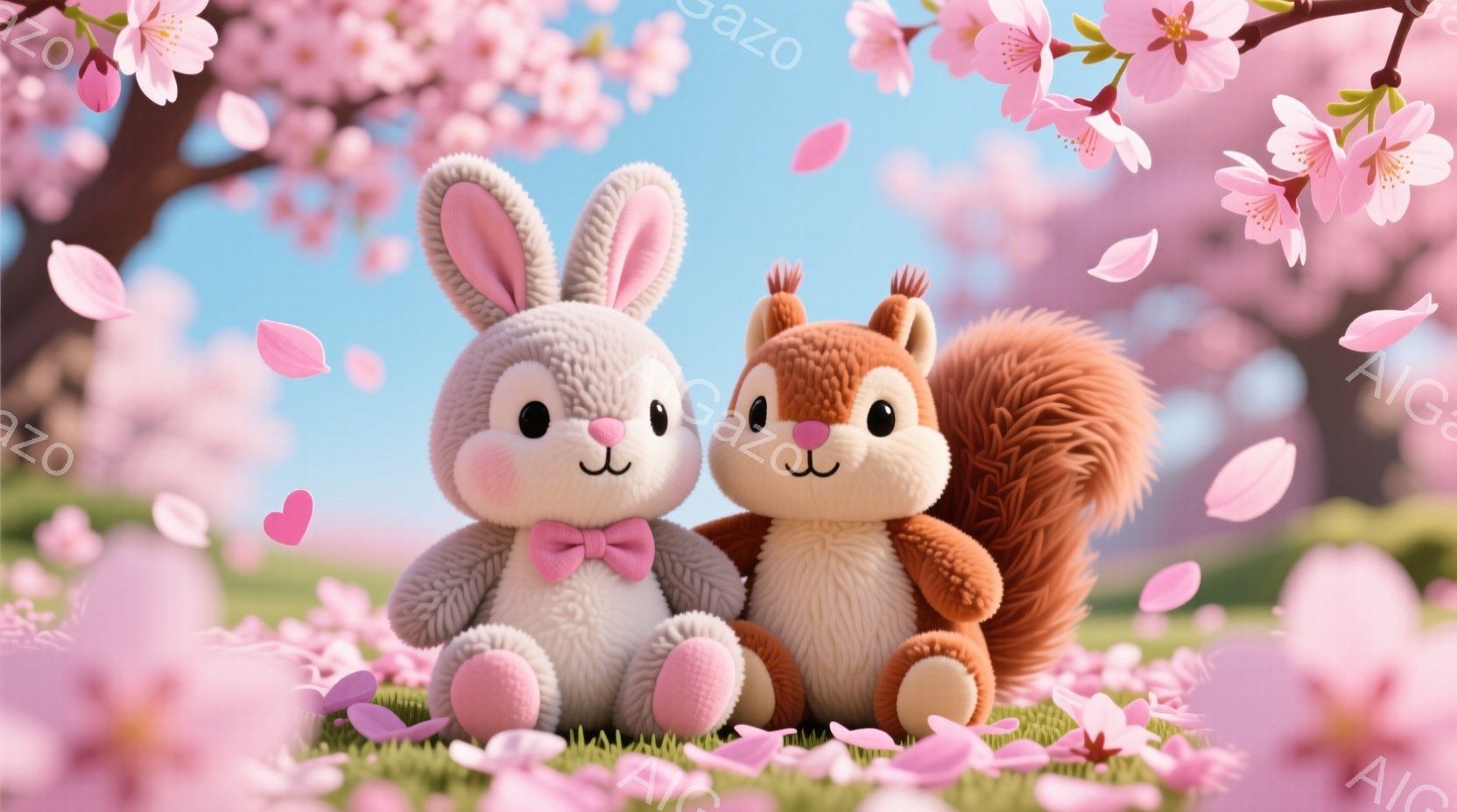ふわふわのうさぎとリスが寄り添って座っています。うさぎは薄いピンクの蝶ネクタイをつけ、リスは楽しそうな表情をしています。背景には桜が咲き乱れ、ピンク色の花びらが舞い散る春の穏やかな風景が広がっています。