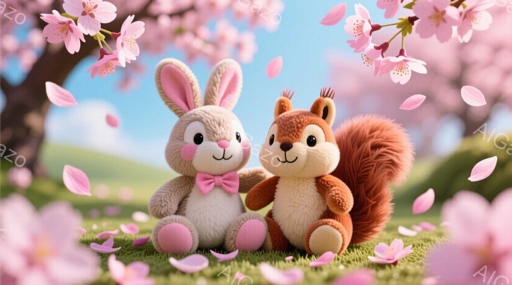 ふわふわのうさぎとリスが、緑の草原で寄り添って座っています。うさぎはピンクの大きなリボンをつけており、リスはにっこりと微笑んでいます。背景には桜の花びらが舞い散り、春の穏やかな雰囲気が漂っています。 - AI生成フリー素材