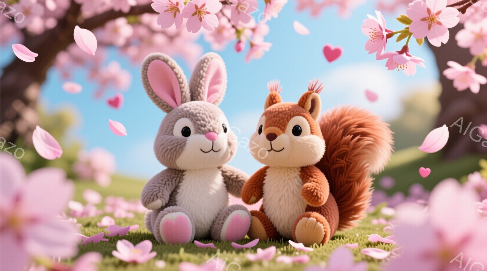 柔らかい灰色のウサギと、明るい茶色のリスが寄り添って草の上に座っています。二匹とも愛らしい表情で、ピンク色の桜の花びらが舞い散る春の穏やかな風景の中にいます。背景には桜の木々と青空が広がり、暖かく優しい雰囲気を醸し出しています。