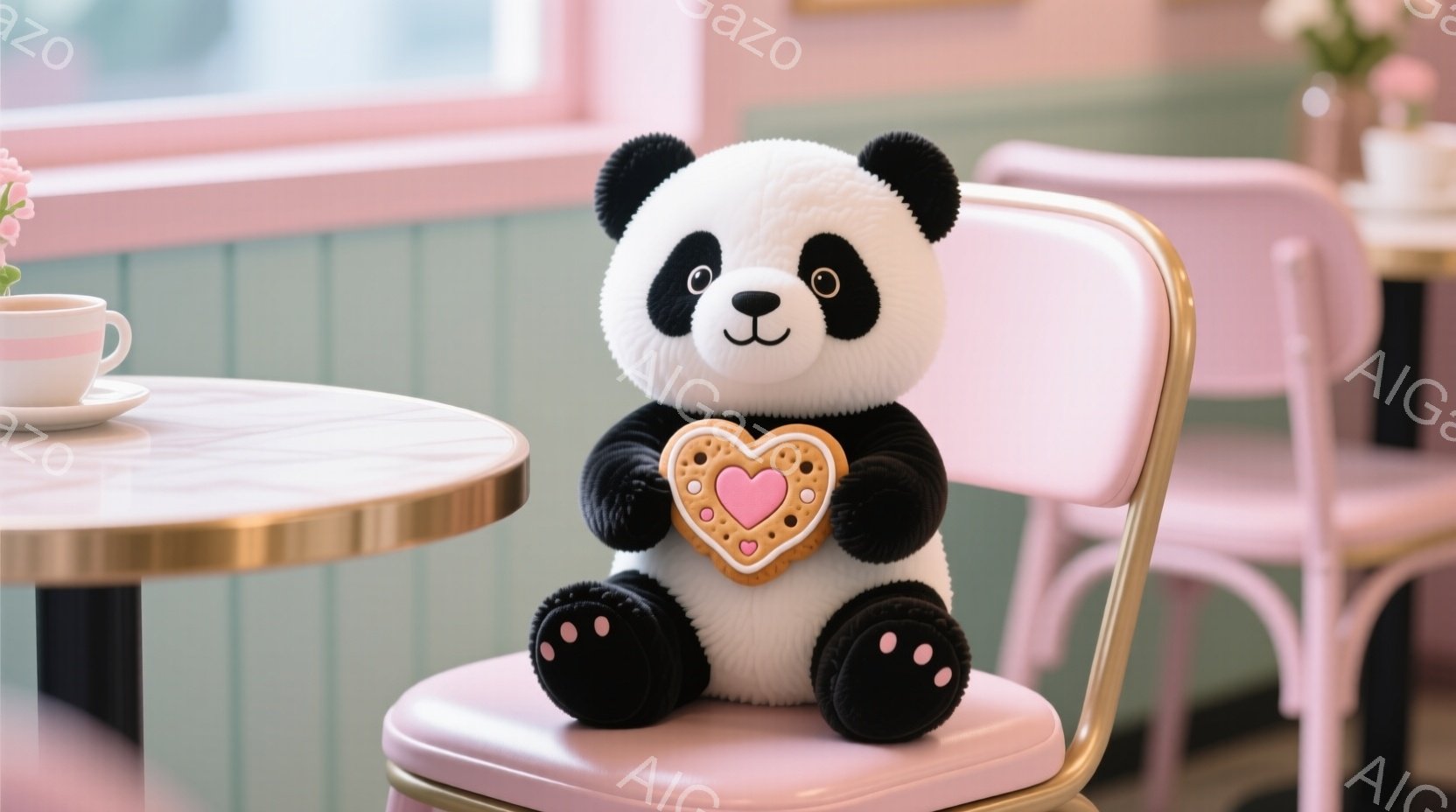 白と黒のパンダのぬいぐるみは、ピンク色の椅子に座り、片手にハートが描かれたクッキーを持っています。背景には、パステルグリーンの壁と、他のピンクの椅子やテーブルが見え、全体的に柔らかく、甘い雰囲気が漂っています。まるでカフェのような、可愛らしい空間で、ぬいぐるみはリラックスした表情でクッキーを楽しんでいるようです。