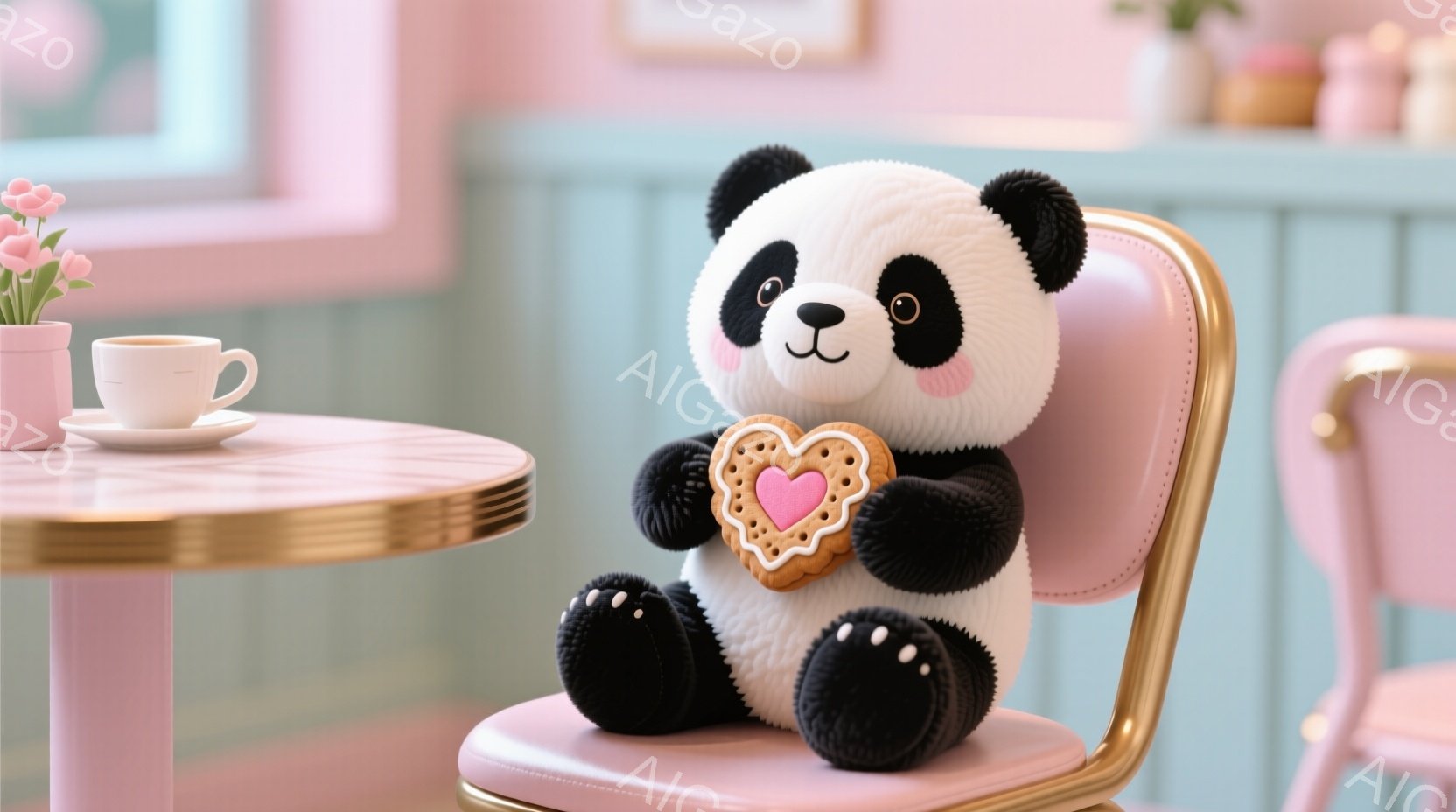ふわふわのパンダのぬいぐるみは、ピンクの椅子に座って、ハートの形をしたクッキーを両手で抱えています。背景には、優しいピンク色の壁と、テーブル、そして花が飾られた棚が見え、暖かく穏やかな雰囲気を醸し出し - AI生成フリー素材