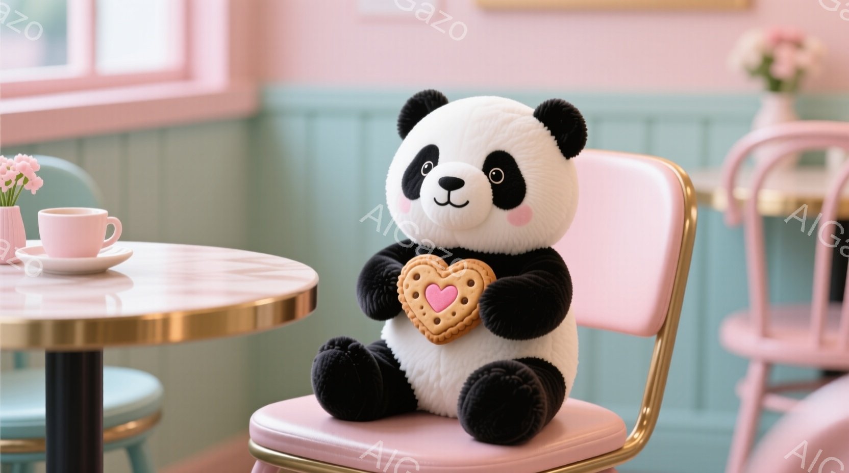 白と黒のパンダのぬいぐるみは、ピンク色の椅子に座って、ハート型のクッキーを両手で抱えています。背景には、ピンクと金色の脚を持つ丸いテーブルや、他の椅子が見え、全体的にパステルカラーで柔らかく可愛らしい雰囲気です。暖かく、甘いお菓子を味わう穏やかなひとときを思わせる、夢のような光景です。
