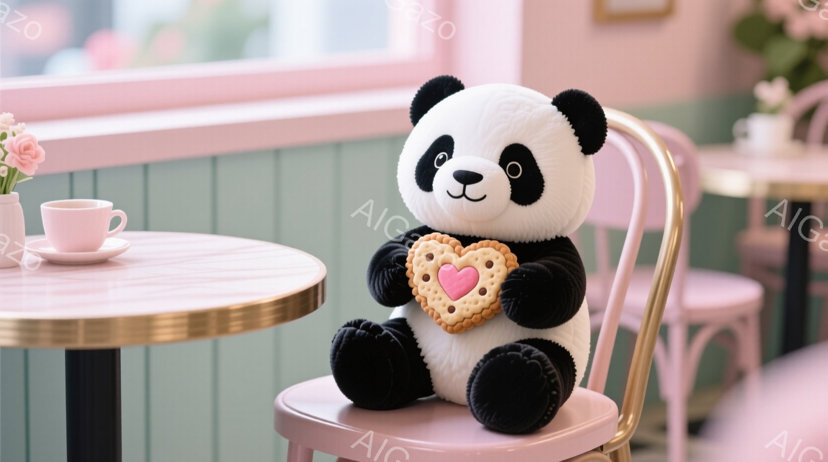 大きくてふわふわのパンダのぬいぐるみは、ピンク色の椅子に座ってハート型のクッキーを抱えています。背景には、パステルグリーンの壁と、テーブルの上に置かれた白い磁器のカップと花が見えます。全体的に、暖かく、甘く、優しい雰囲気です。