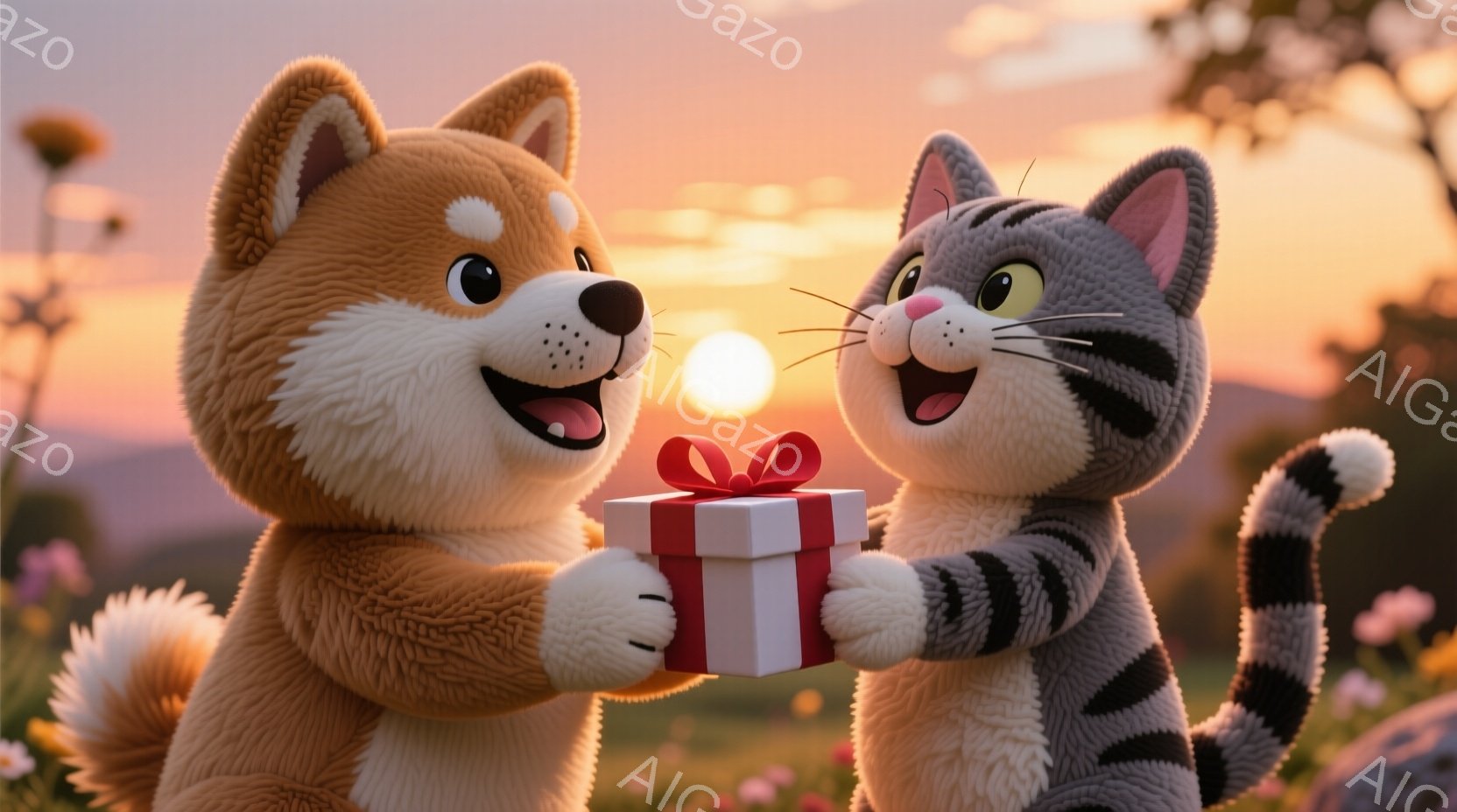 柴犬と猫がプレゼントを交換しています。二匹とも笑顔で、猫は赤いリボンがついた白い箱を受け取ろうとしています。背景には夕焼けの空と花畑が広がり、温かく優しい雰囲気が漂っています。