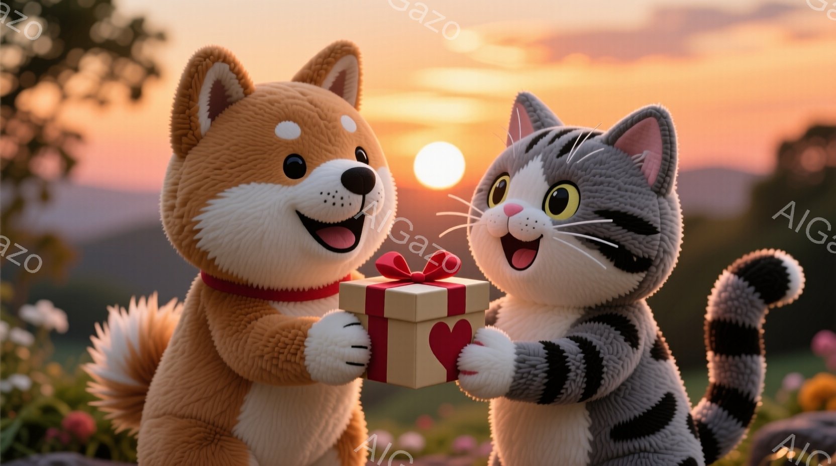 鮮やかな夕焼けを背景に、柴犬と猫がプレゼントを交換しています。柴犬は赤い首輪をつけ、笑顔でプレゼントを猫に渡しています。猫も嬉しそうにプレゼントを受け取っており、周囲には花が咲き乱れ、暖かい雰囲気が漂 - AI生成フリー素材
