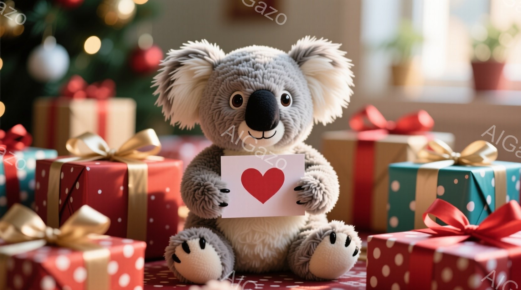 ふわふわのコアラのぬいぐるみは、プレゼントのようにラッピングされた箱に囲まれて座っています。コアラは白いハートが描かれたカードを前足で持っており、つぶらな瞳とわずかに微笑んだ表情が愛らしいです。背景に - AI生成フリー素材