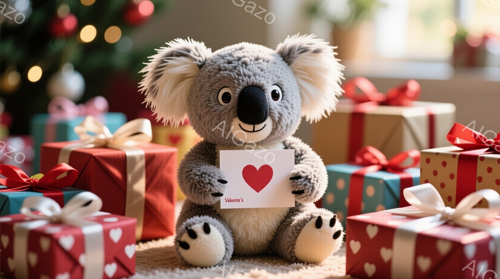 ふわふわの灰色の子グマのぬいぐるみは、赤いハートが描かれた白いカードを両手で持っています。背景には、リボンで飾られた赤とターコイズのプレゼントボックスが散りばめられ、ぼやけたクリスマスツリーの光が暖かく照らしています。全体的に、温かく、お祝いムードの漂う、バレンタインデーやホリデーシーズンを連想させる光景です。