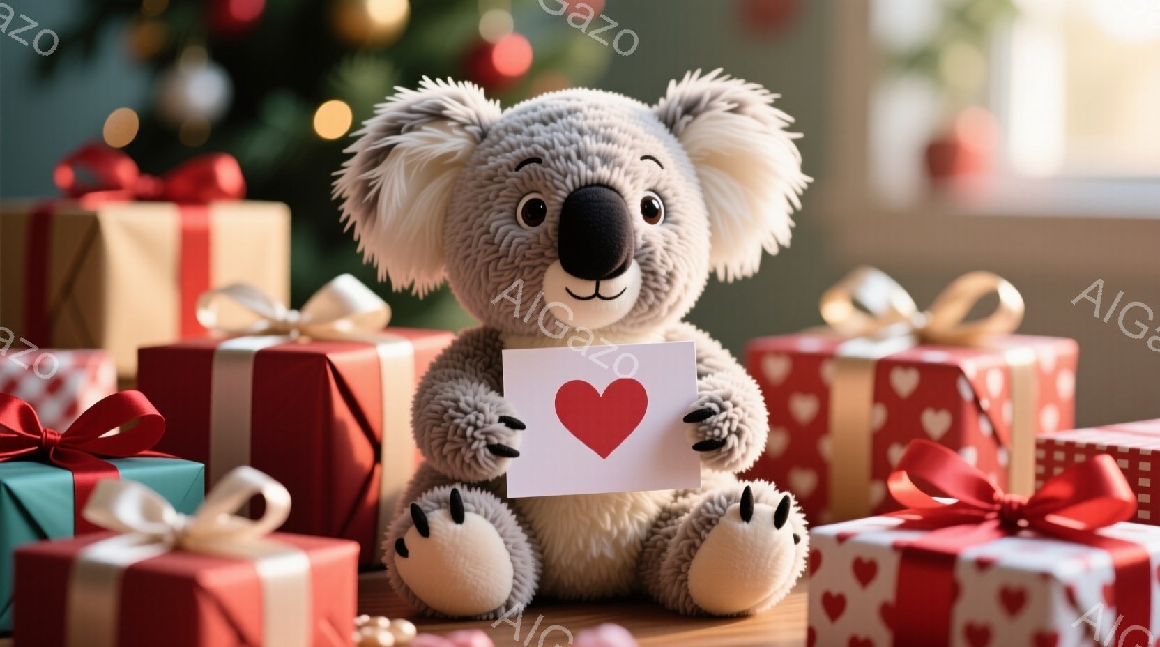 灰色のコアラのぬいぐるみは、赤いハートが描かれた白いカードを両手で抱えています。背景には、赤とターコイズの包装紙で包まれたクリスマスプレゼントが積み上げられ、ぼやけたクリスマスツリーが飾られています。全体的に、暖かく、愛情深く、お祝いの雰囲気の画像です。